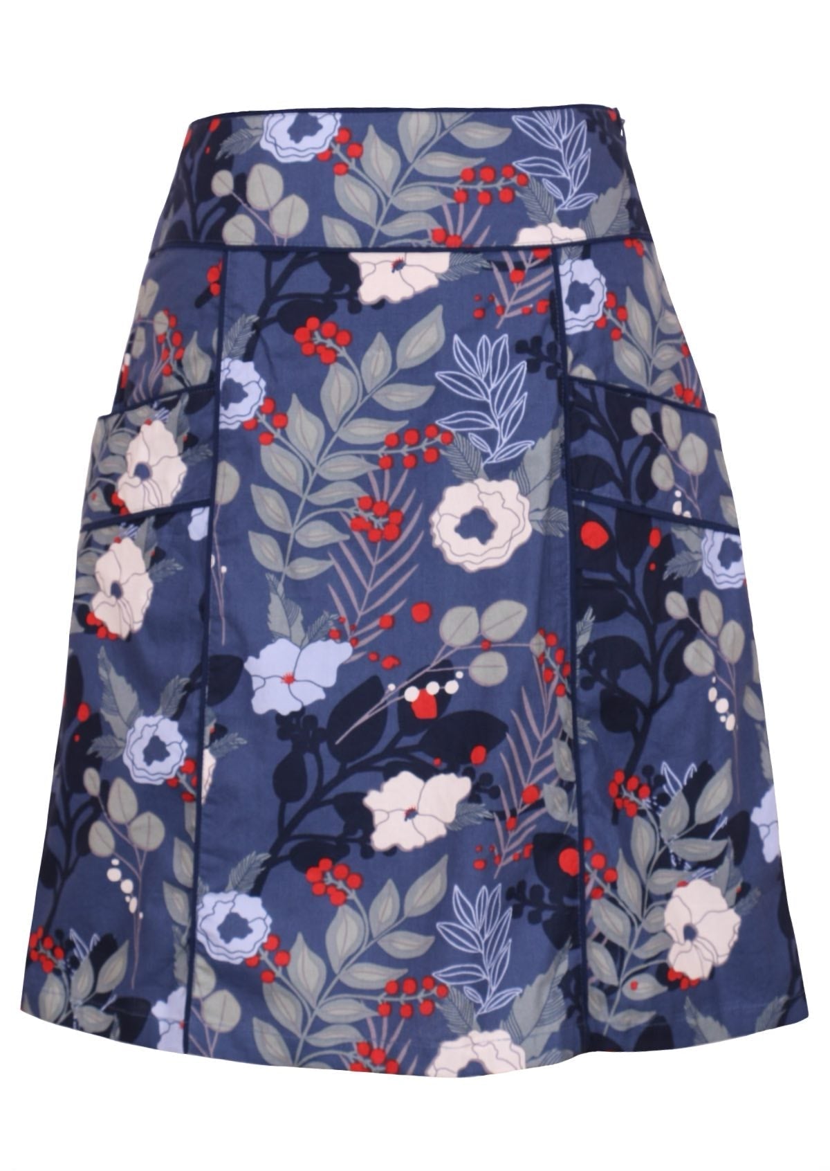 Front mannequin photo of cotton slight A-line skirt with pockets and piped detail