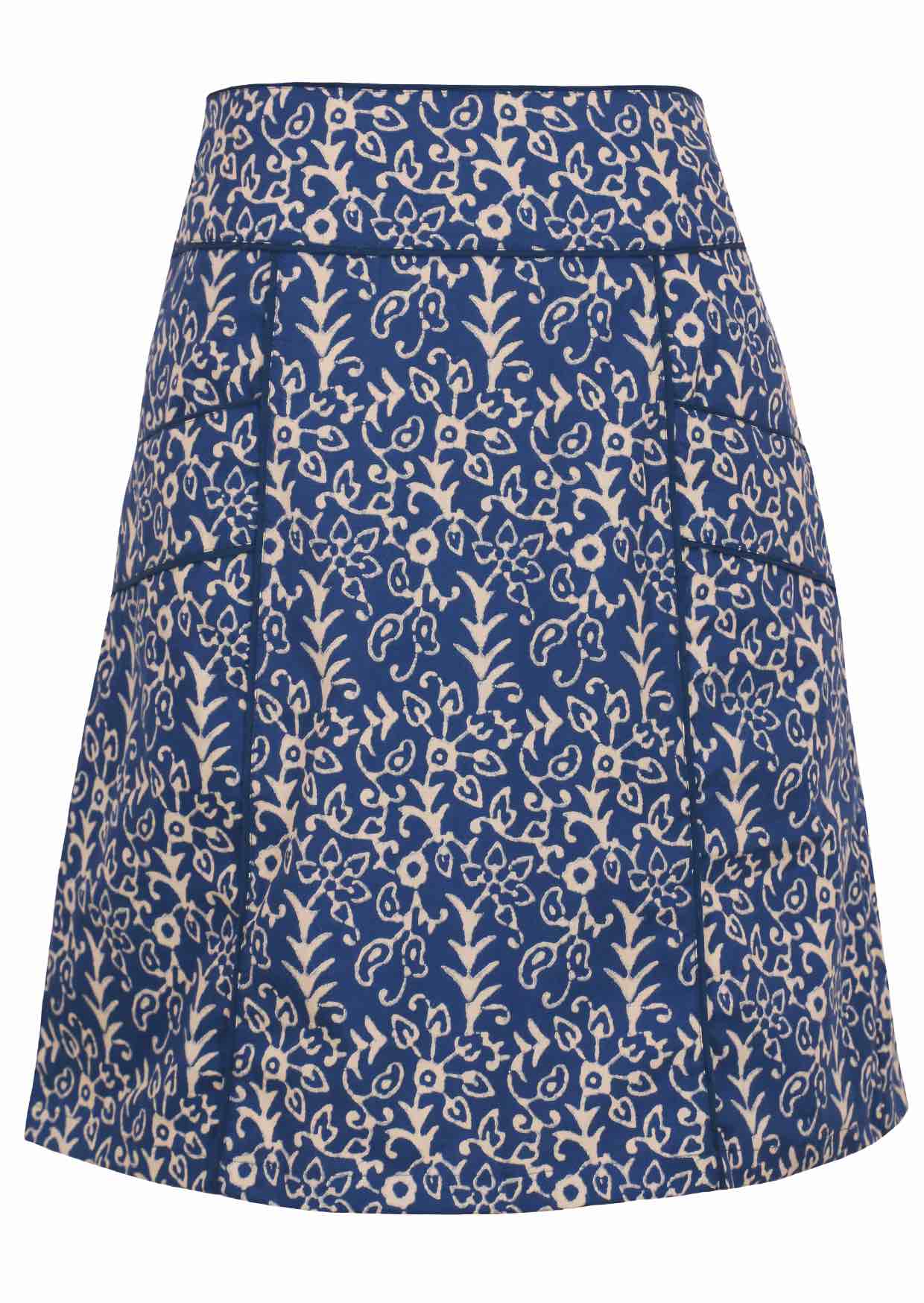 100% cotton above knee skirt with piped details, pockets and beautiful white florals on blue base.