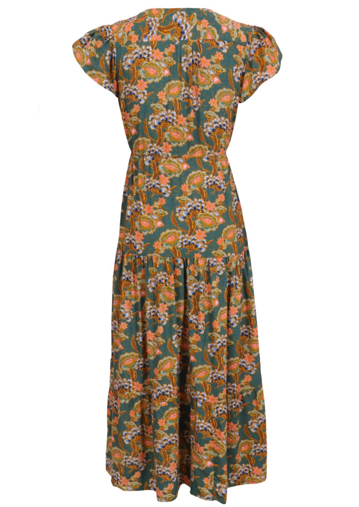 Back mannequin photo of green based floral rayon sundress with tulip sleeves and swishy skirt