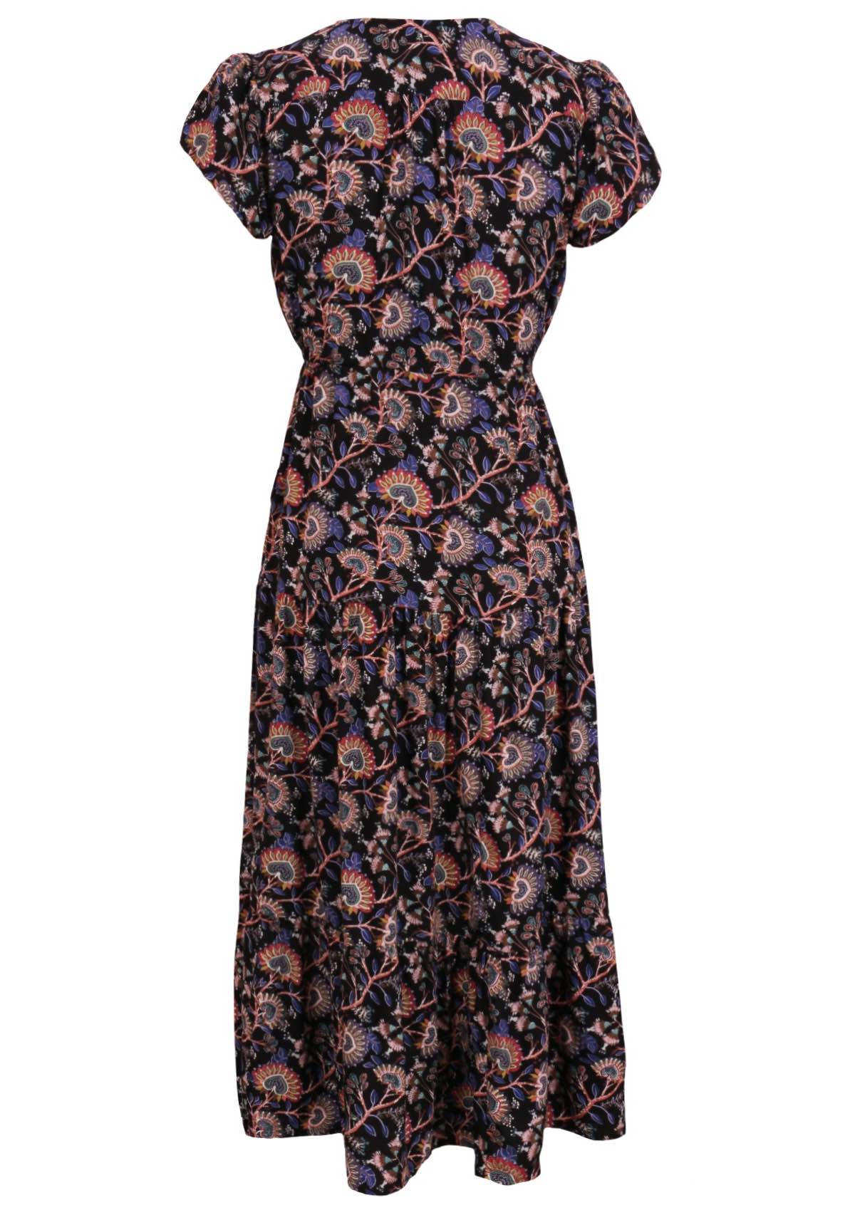 Womens Rayon tulip sleeve Maxi Dress Orchid featuring pockets, v-neckline with buttons, and drawstring waist back view