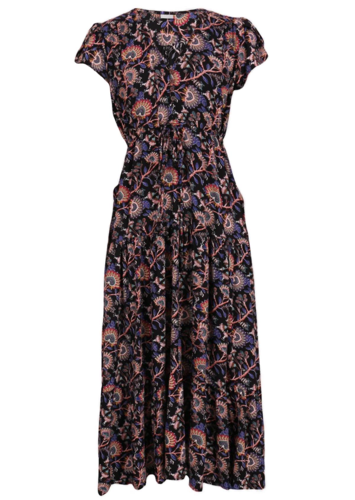 Womens Rayon tulip sleeve Maxi Dress Orchid featuring pockets, v-neckline with buttons, and drawstring waist