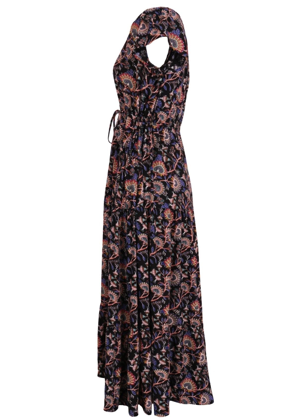 Womens Rayon tulip sleeve Maxi Dress Orchid featuring pockets, v-neckline with buttons, and drawstring waist side view