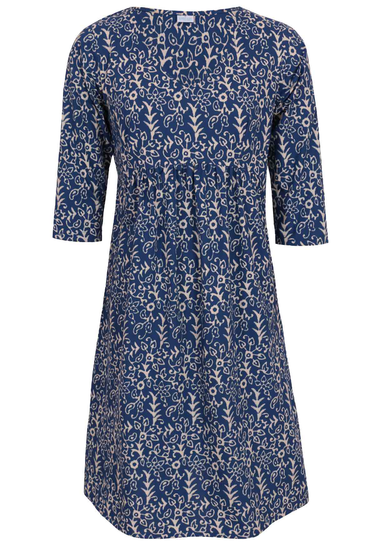 Front mannequin photo of 3/4 sleeve cotton dress with small gathers in front, empire waistline and pockets