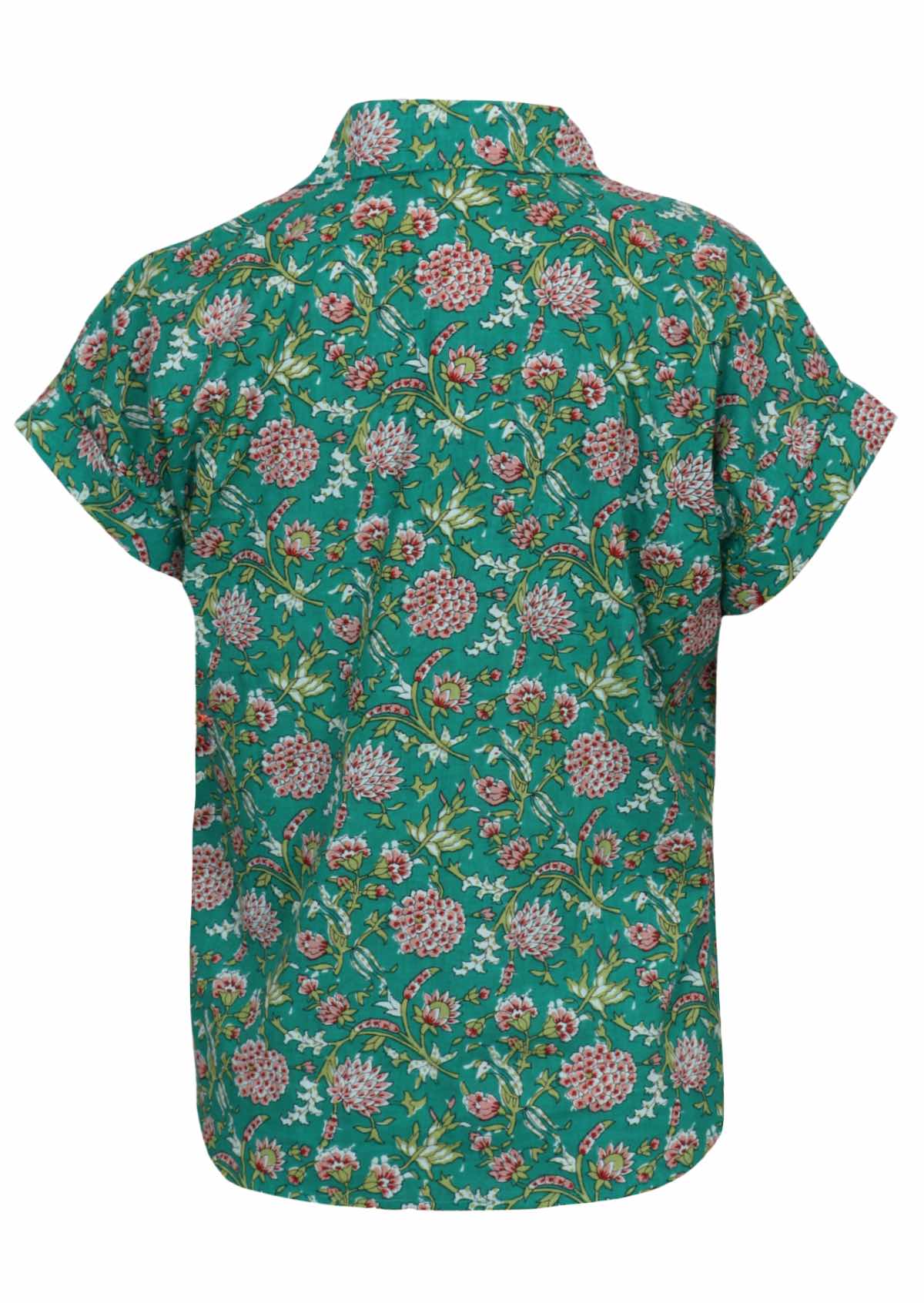 Back mannequin photo of cotton relaxed fit short sleeve top with V-neckline and collar