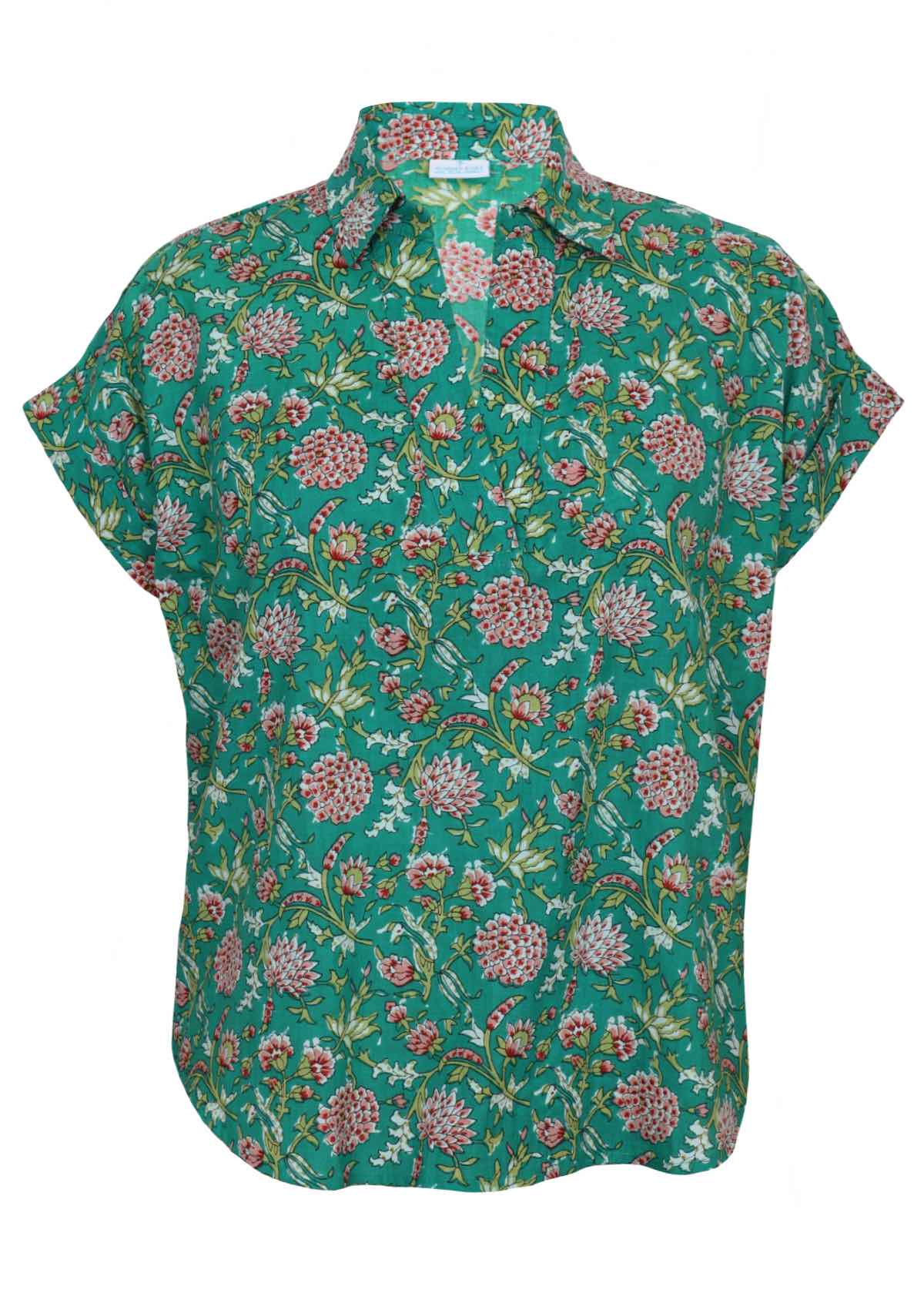 Front mannequin photo of cotton relaxed fit short sleeve top with V-neckline and collar