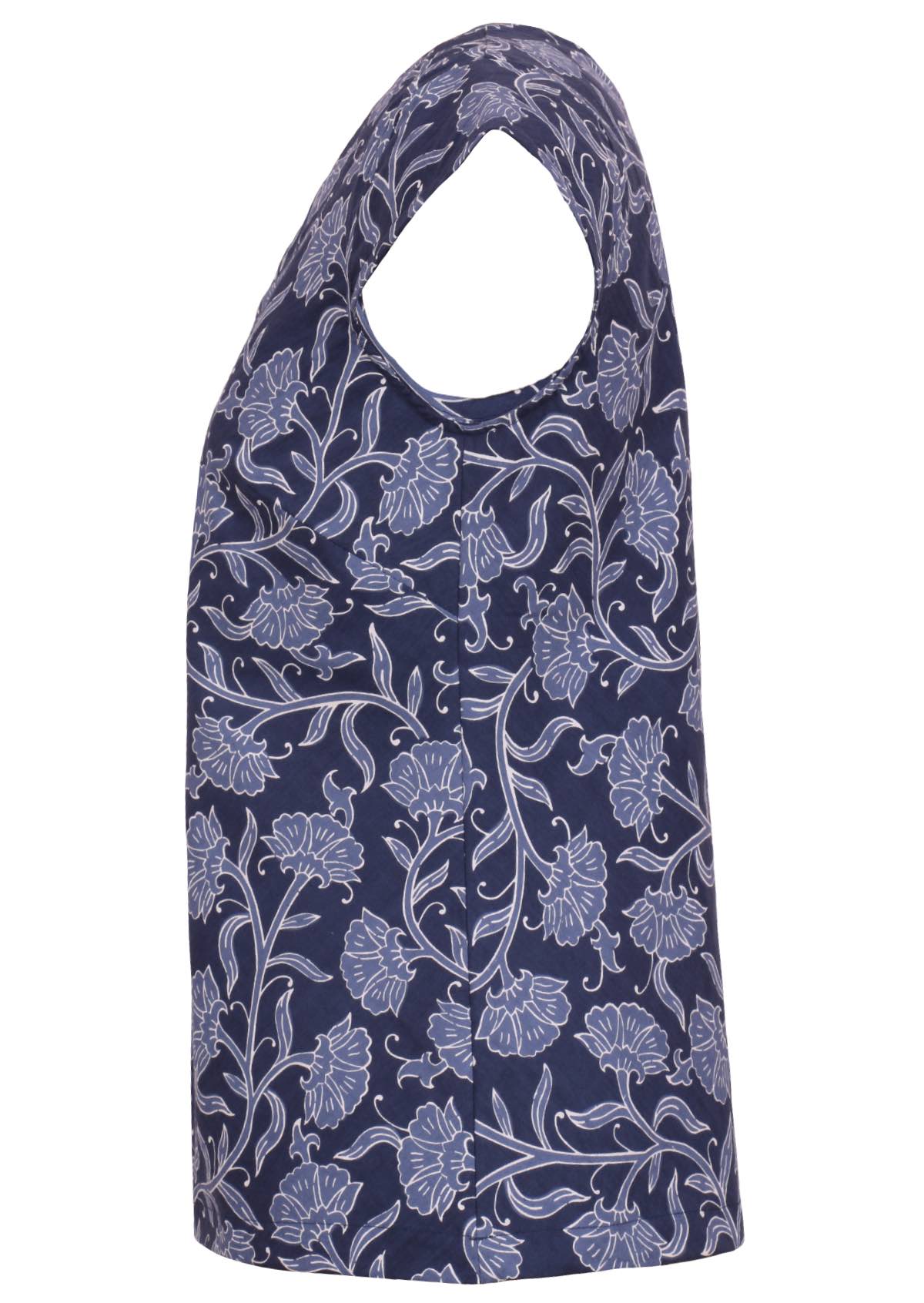 Cotton top in navy blue features cap sleeves.