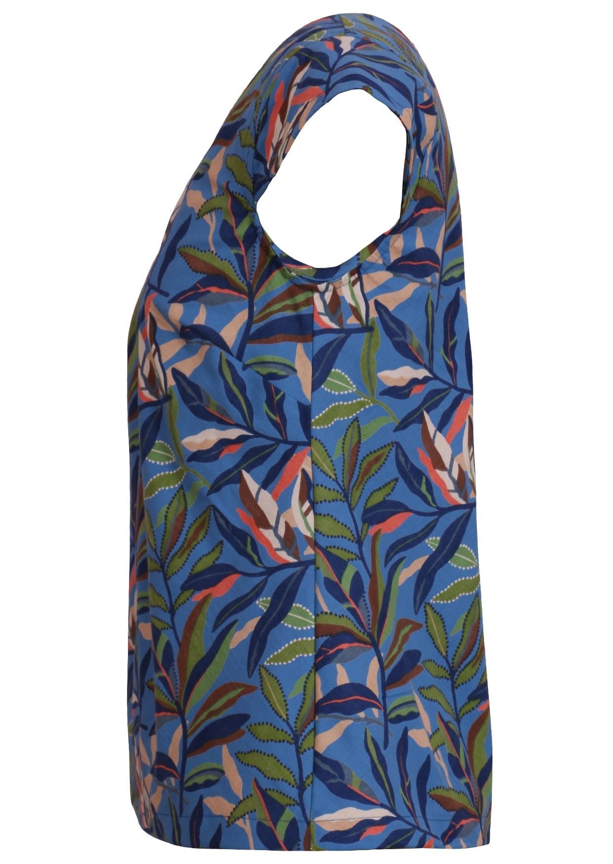 100% cotton tailored top with cap sleeves and key hole cutout in round neckline side view