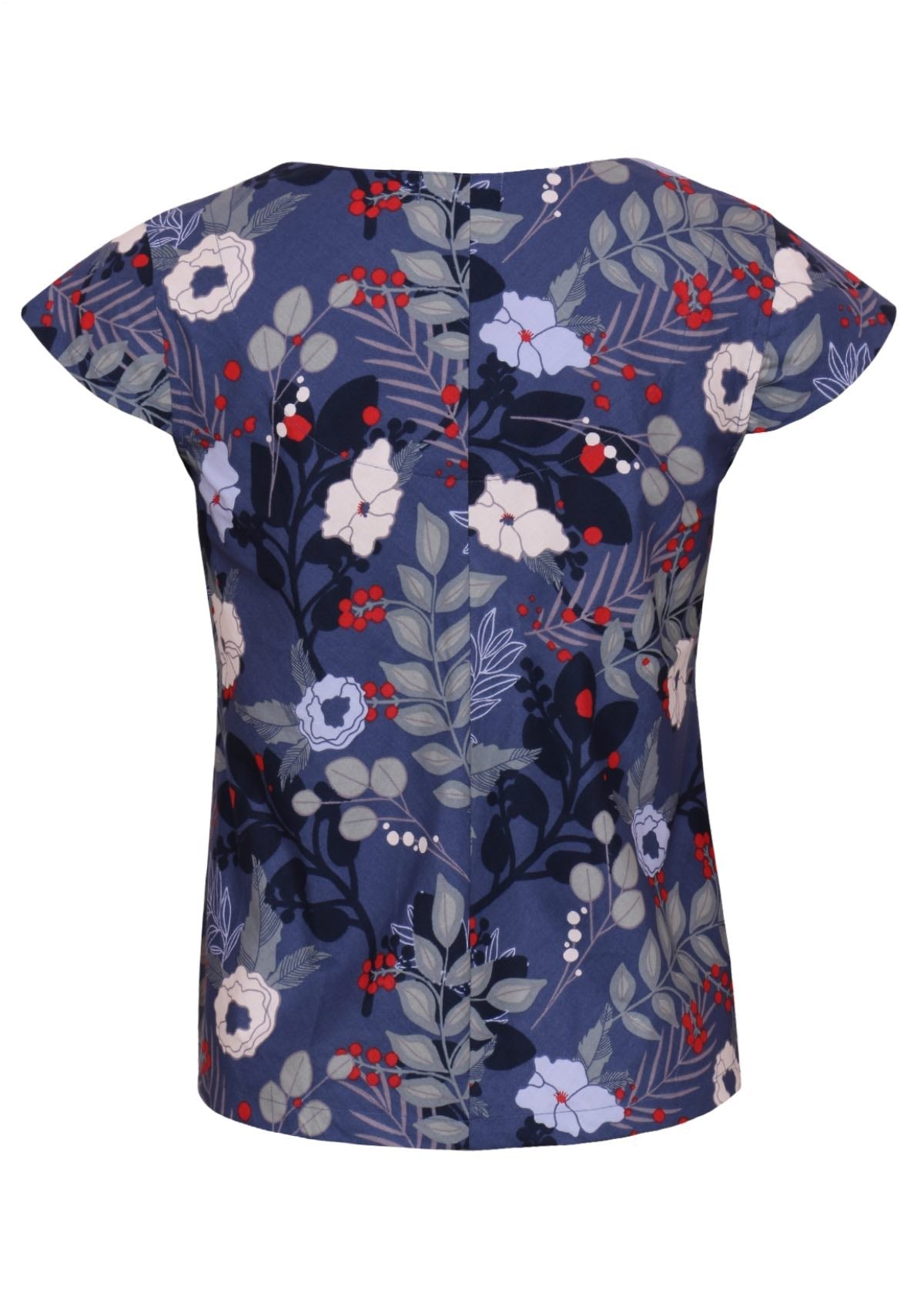 Back mannequin photo of cotton top with cap sleeves in blues, white, grey floral print with pops of red