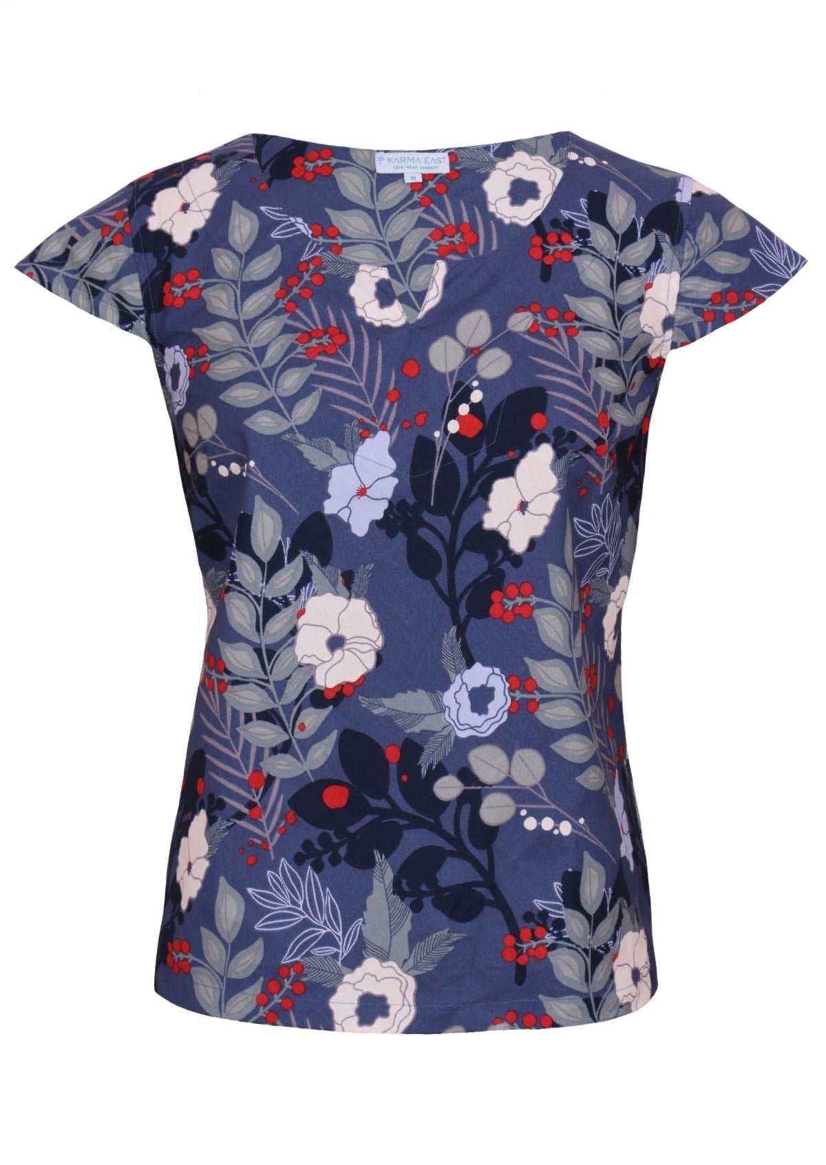 Front mannequin photo of cotton top with cap sleeves in blues, white, grey floral print with pops of red