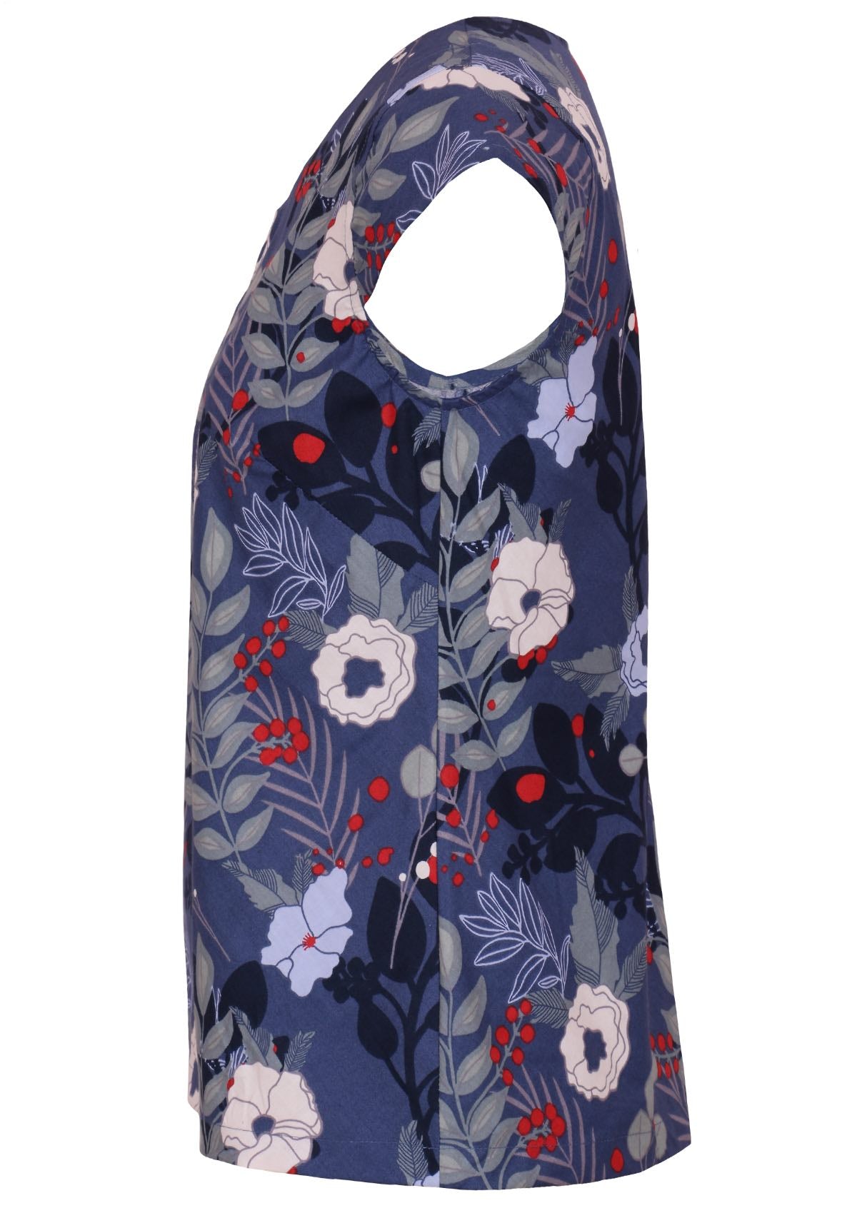 Side mannequin photo of cotton top with cap sleeves in blues, white, grey floral print with pops of red