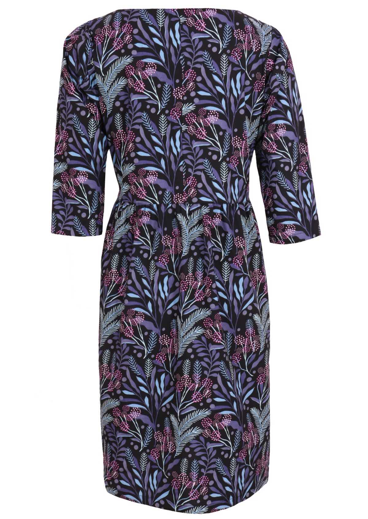 Blue and pink floral print on black base cotton dress