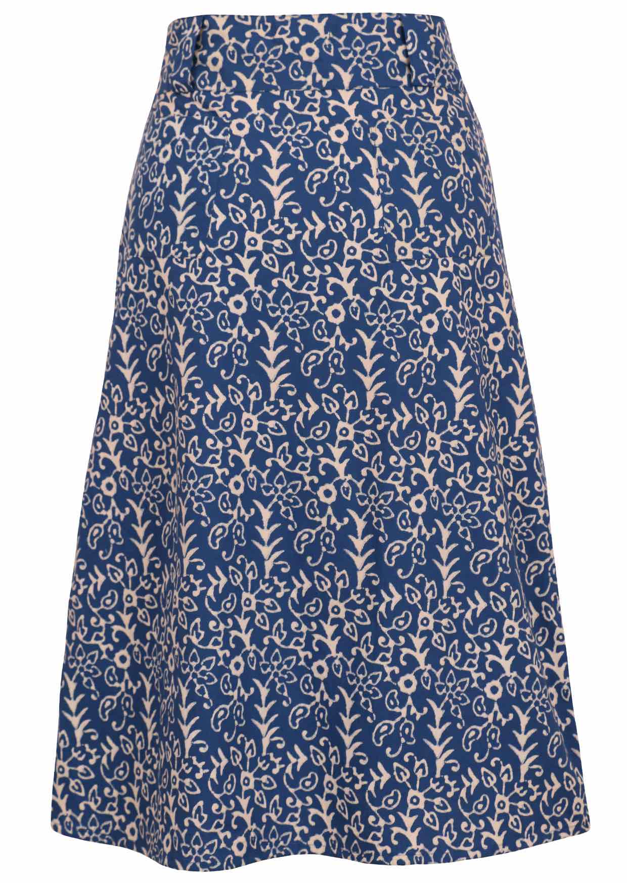Back mannequin photo of midi length A-line cotton skirt with belt loops and back pockets in blue based floral print