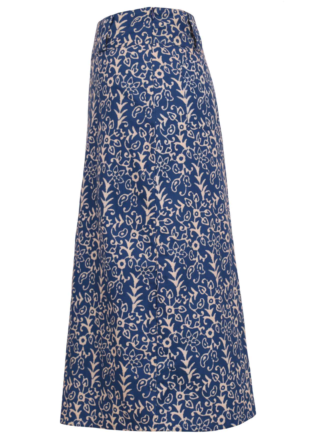 Side mannequin photo of midi length A-line cotton skirt with belt loops and side zip in blue based floral print
