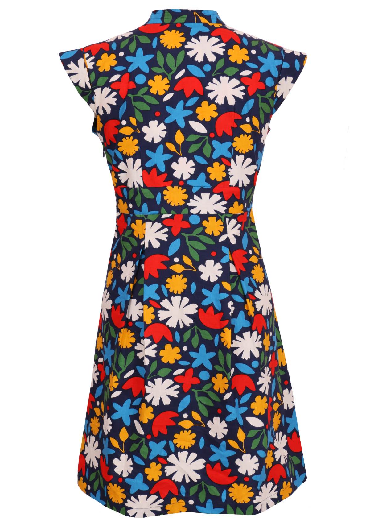 100 percent cotton dark navy blue base and bright abstract floral print cotton retro dress back