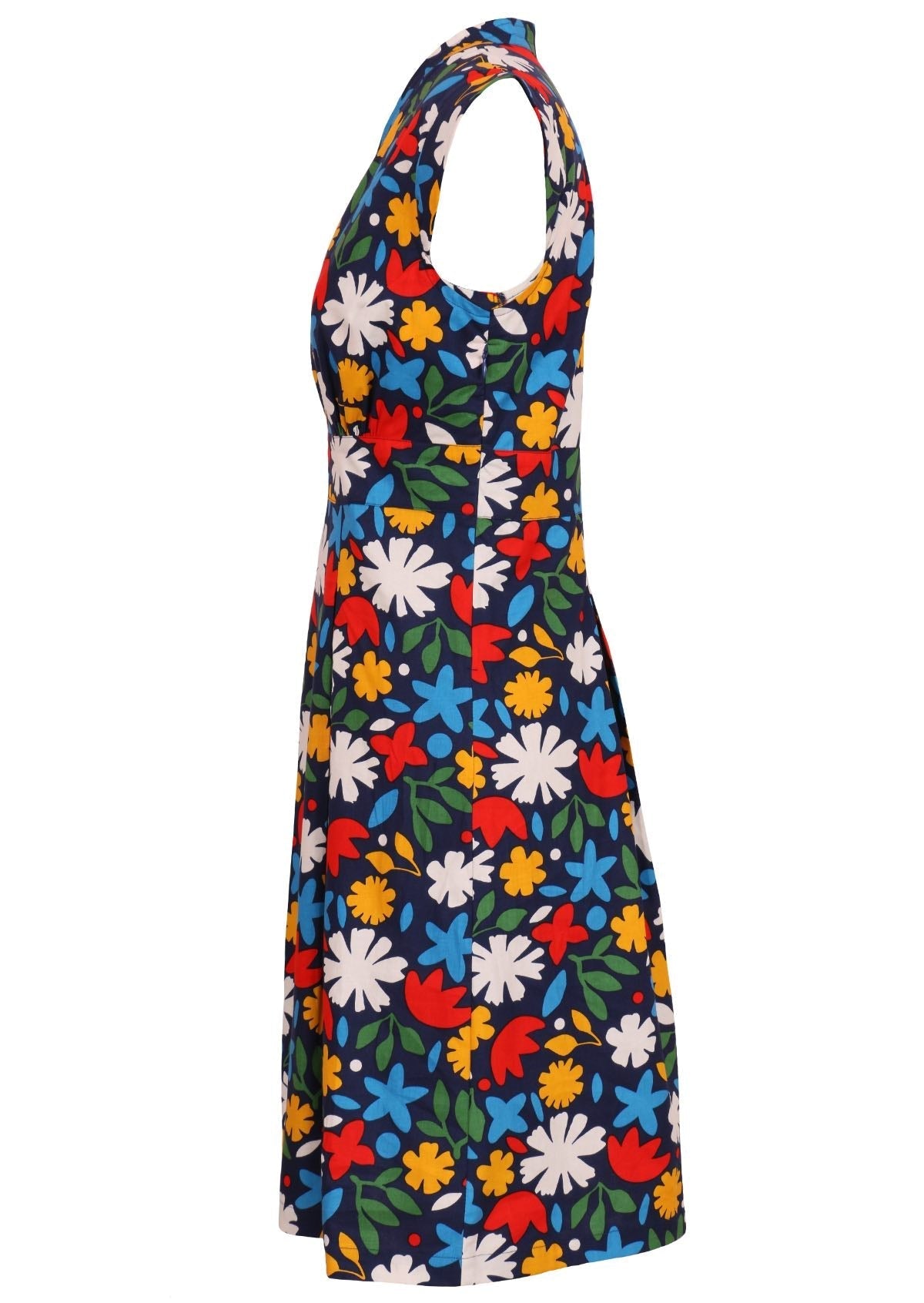 100 percent cotton dark navy blue base and bright abstract floral print cotton retro dress side