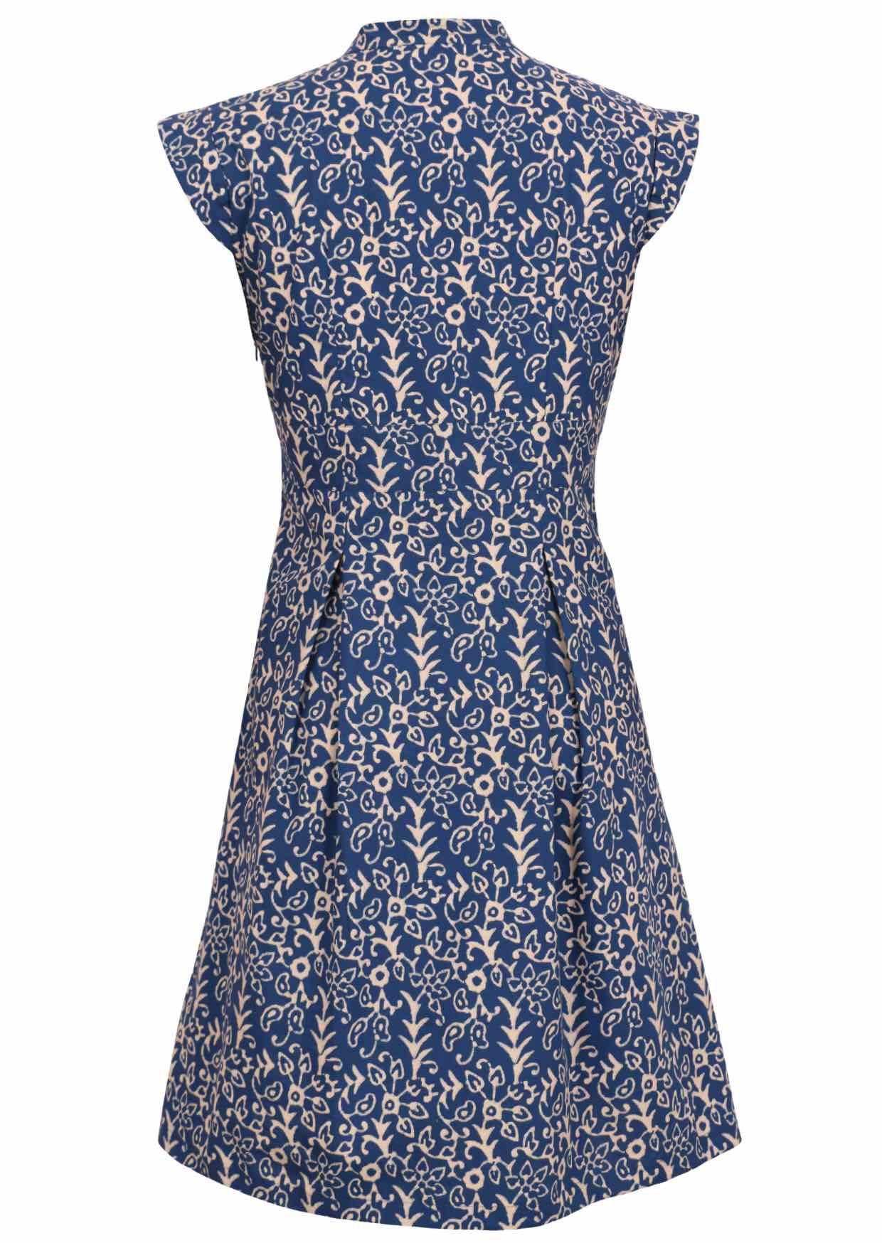 Back mannequin photo of retro style cotton dress with box pleats, cap sleeves, V-neckline and side zip