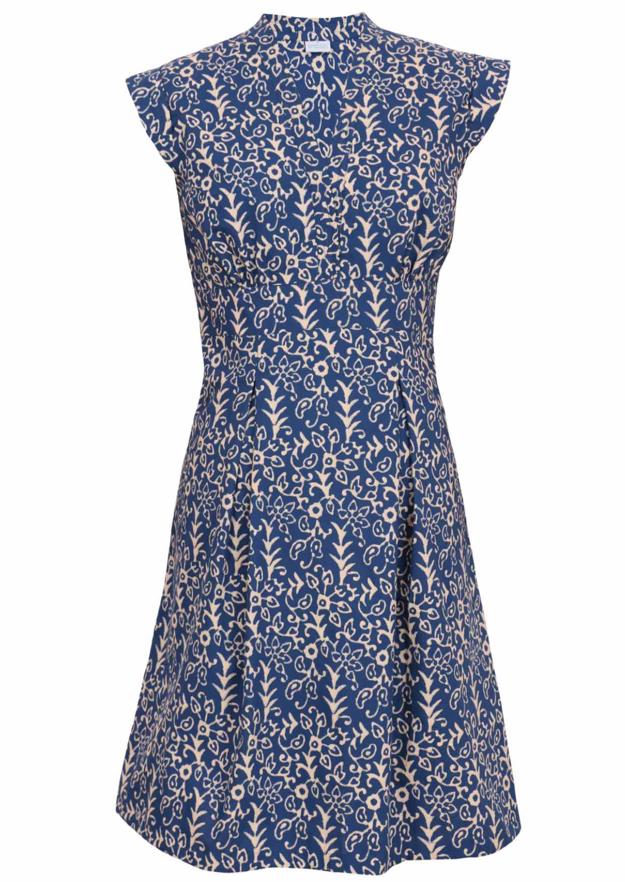 Front mannequin photo of retro style cotton dress with box pleats, cap sleeves, V-neckline and side zip