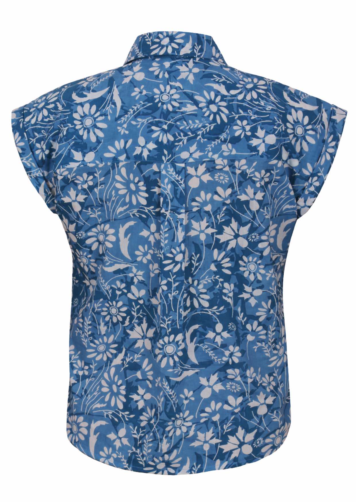 blue cotton button up blouse back view