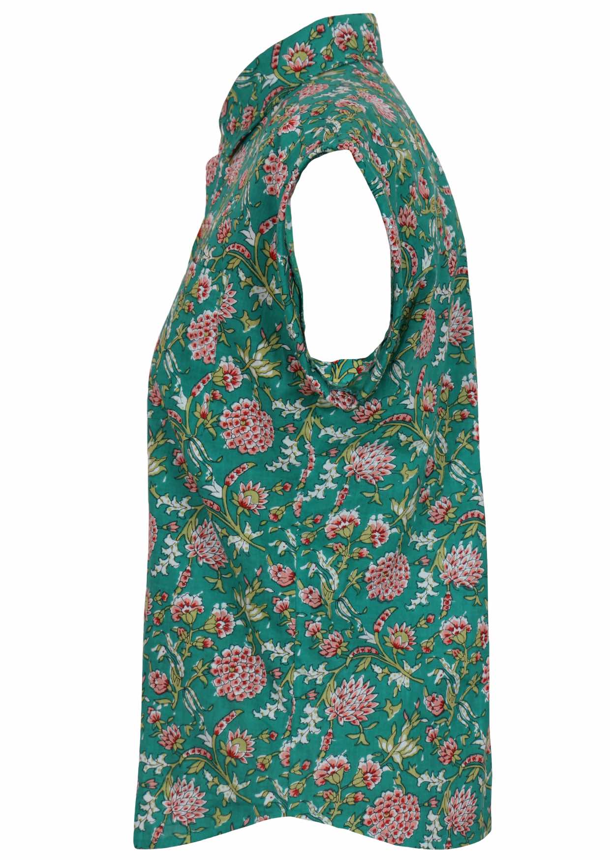 Side mannequin photo of cotton slim fit cap sleeved button through shirt with collar in floral with jade green base