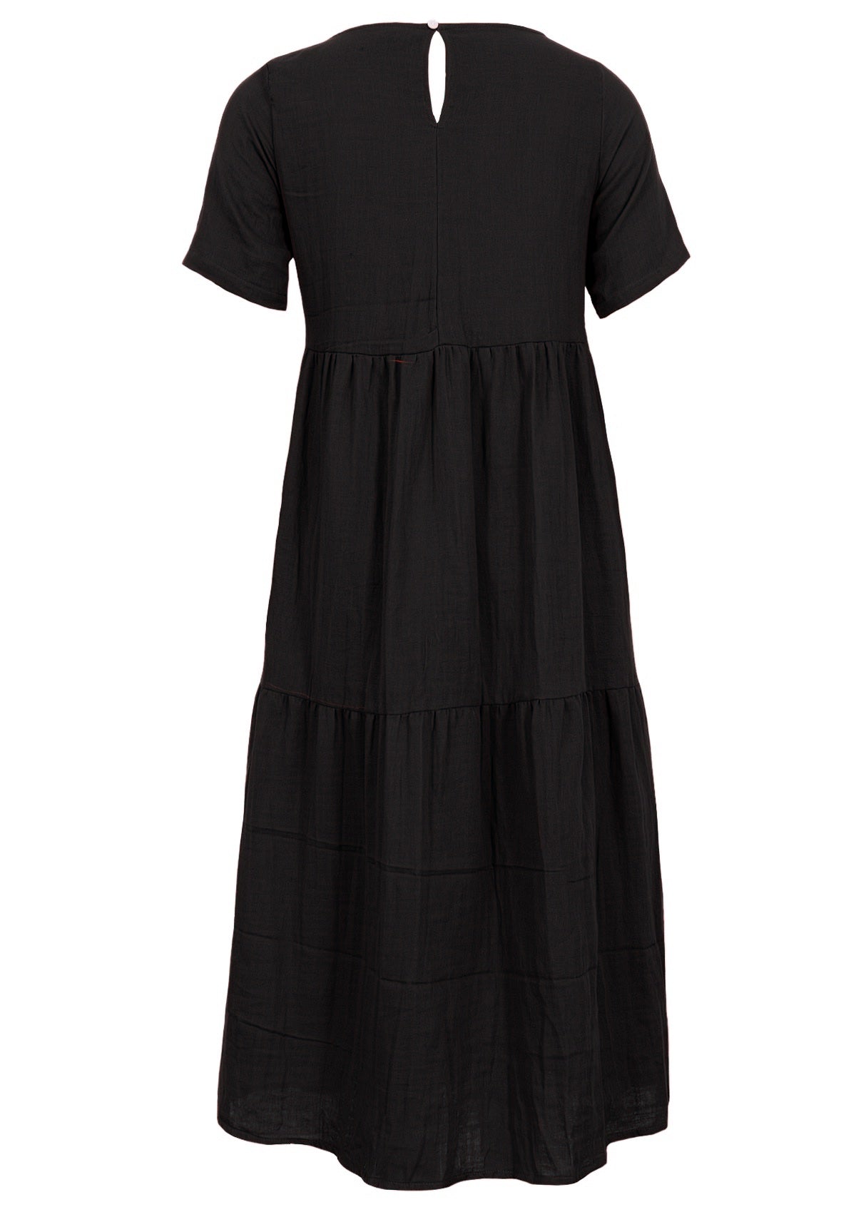 T-shirt sleeves and button closure at nape of neck