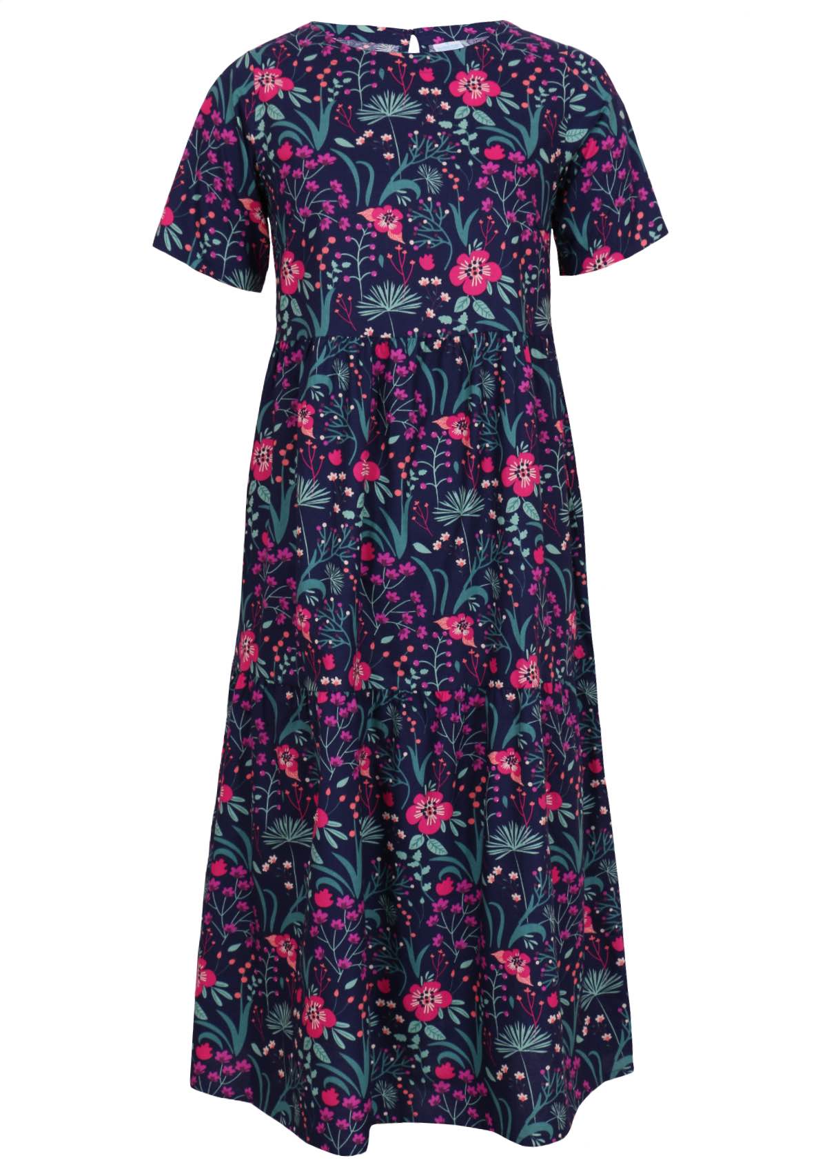 Tiered long pink and purple floral on dark blue base 100 percent cotton sundress