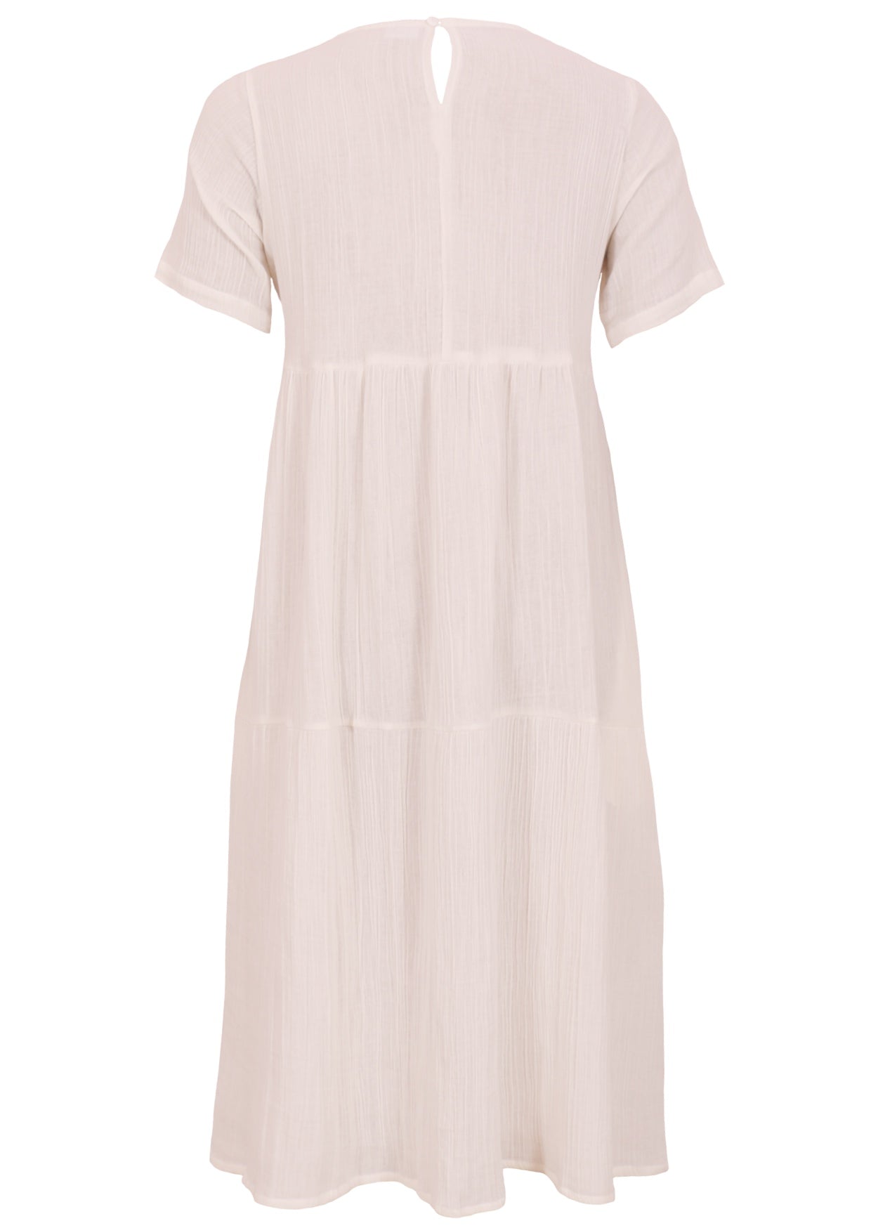 Back mannequin photo of natural white double cotton short sleeve relaxed fit midi length dress with button at nape of neck