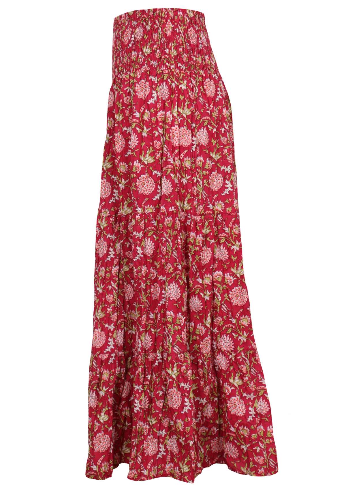 Side mannequin photo of cotton maxi skirt  in floral print on a bright red base