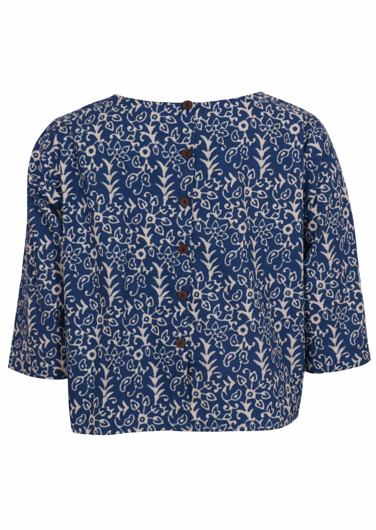 Back mannequin photo of cotton 3/4 sleeve boxy top with decorative buttons down the centre of the back