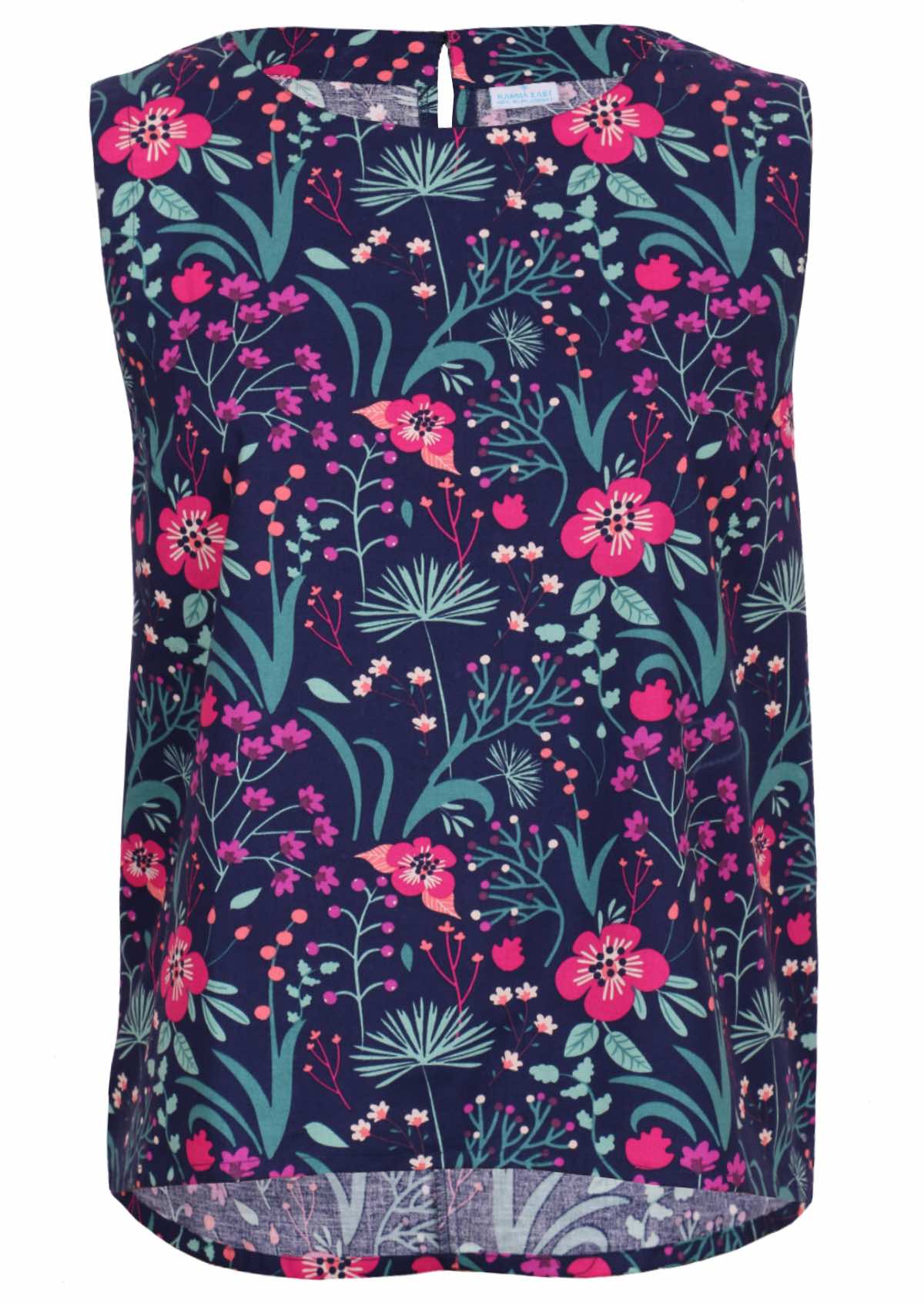 100 percent cotton pink and purple florals on dark blue base sleeveless top