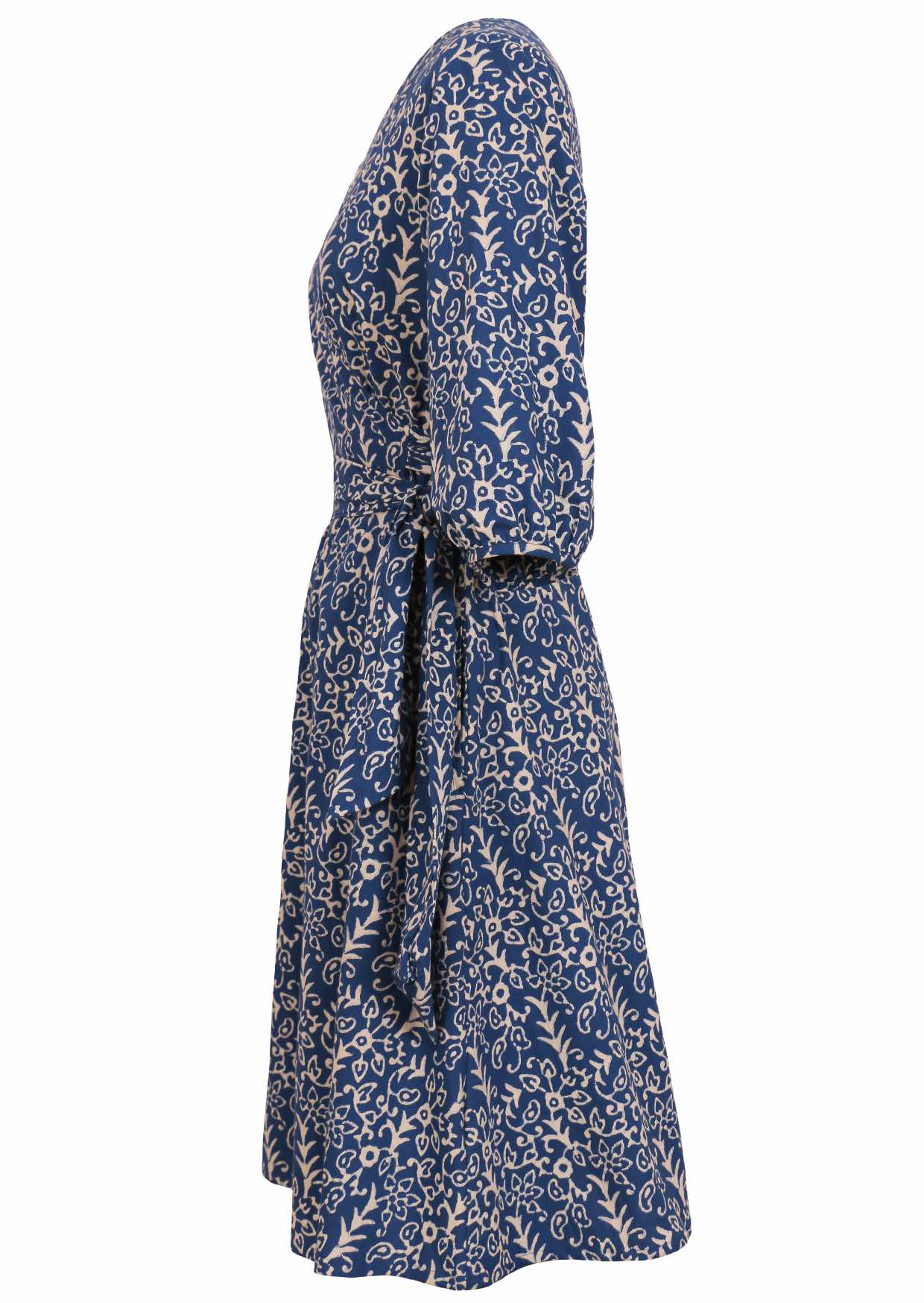 100% cotton midi length wrap dress with 3/4 sleeves and pockets