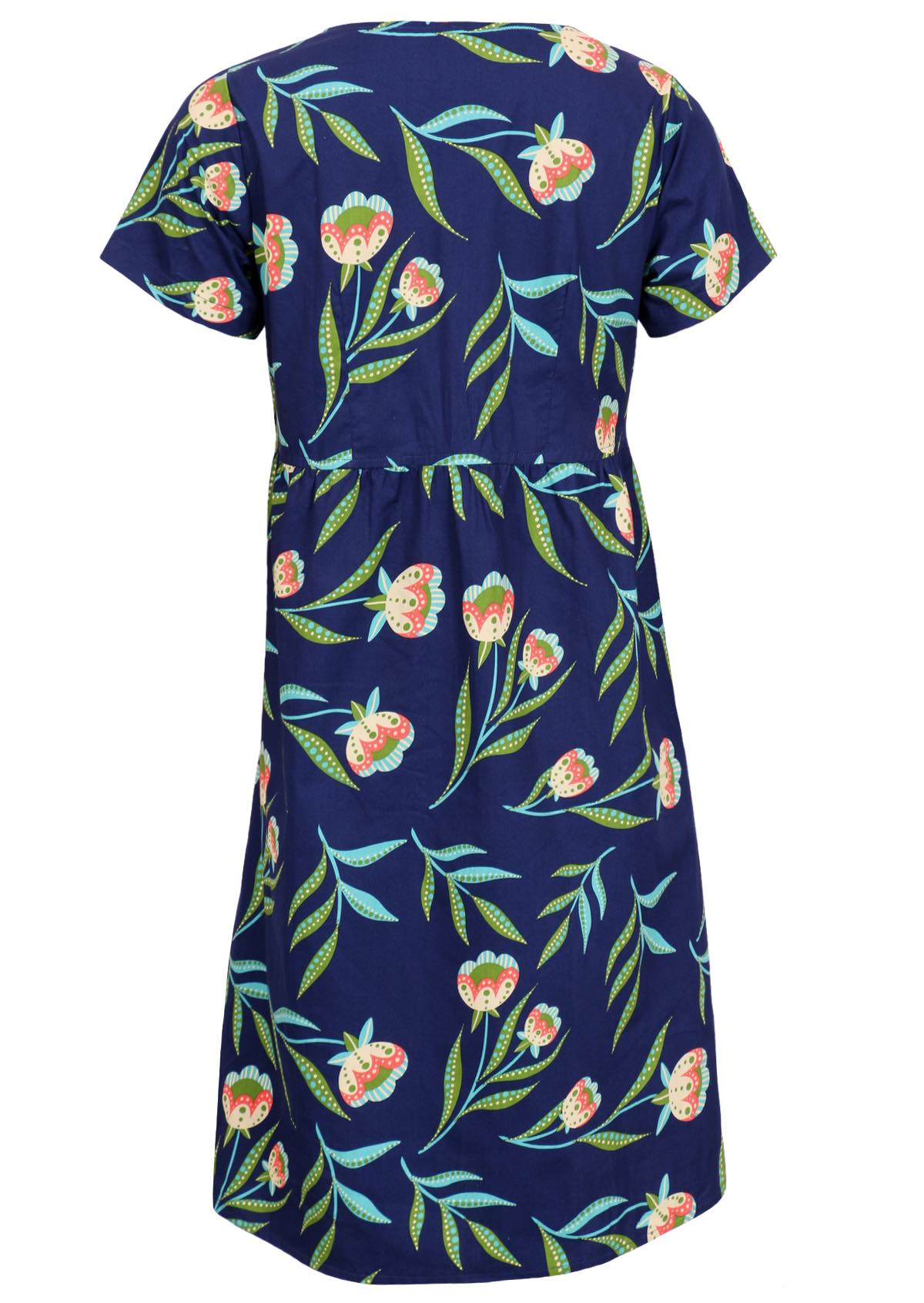 Mannequin back of navy blue cotton floral dress.