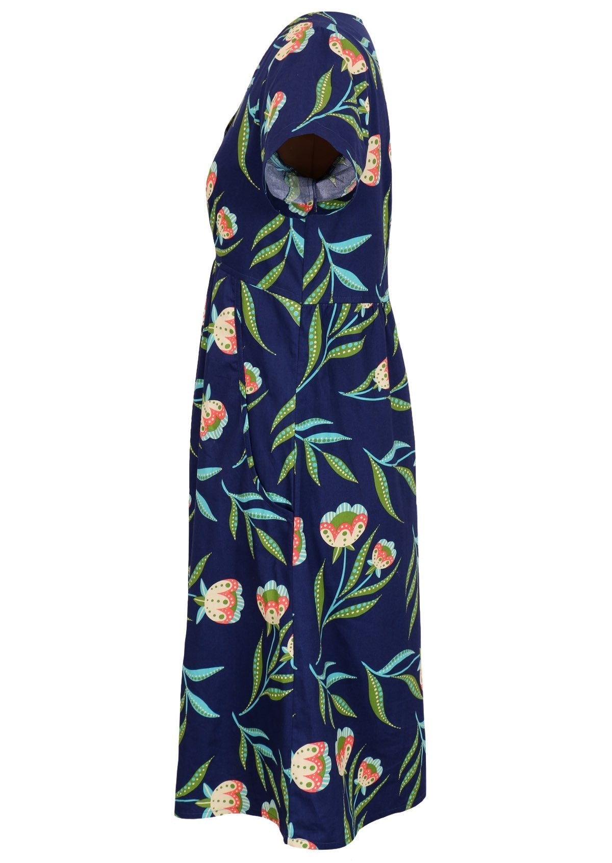 Mannequin side of navy blue dress.