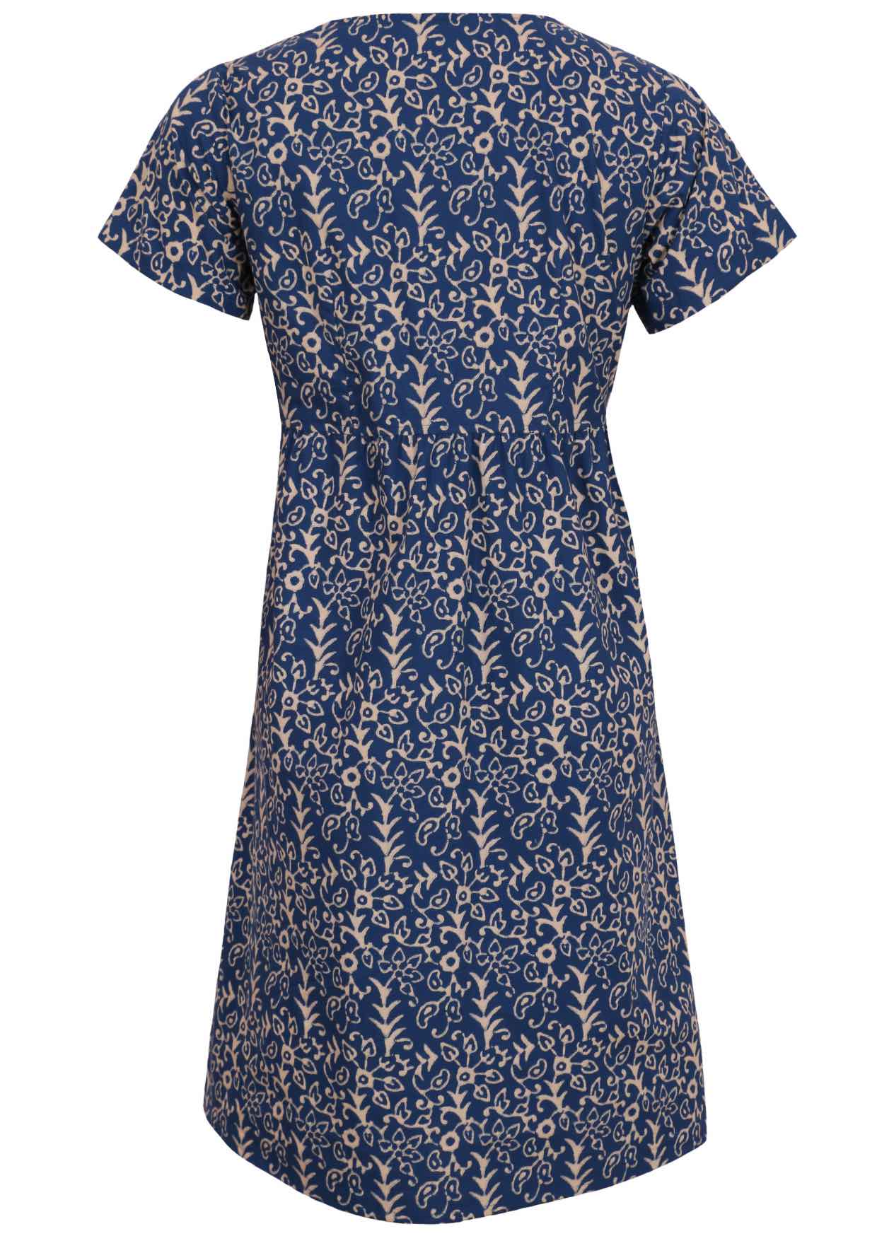 Back mannequin photo of short sleeve blue based floral  Indian block print dress