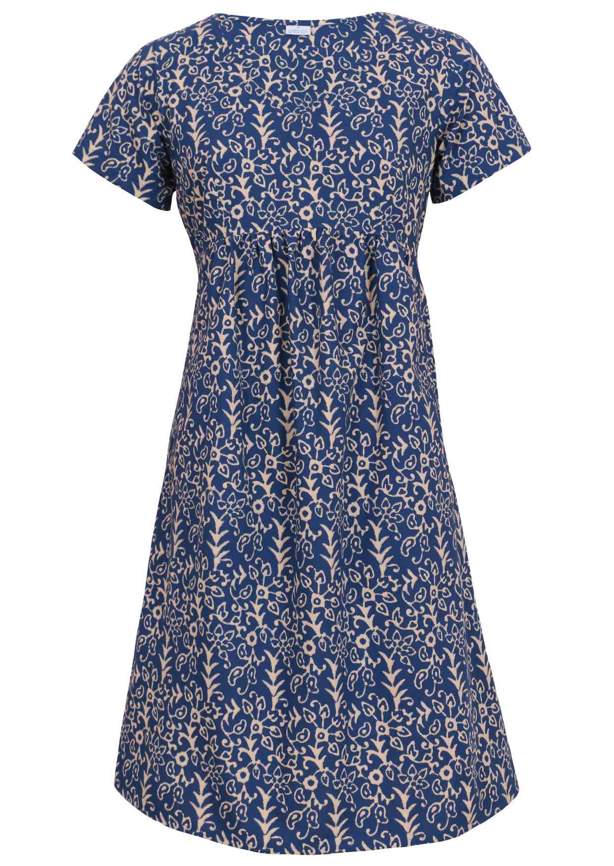 Front mannequin photo of short sleeve blue based floral print dress with V-neckline and pockets