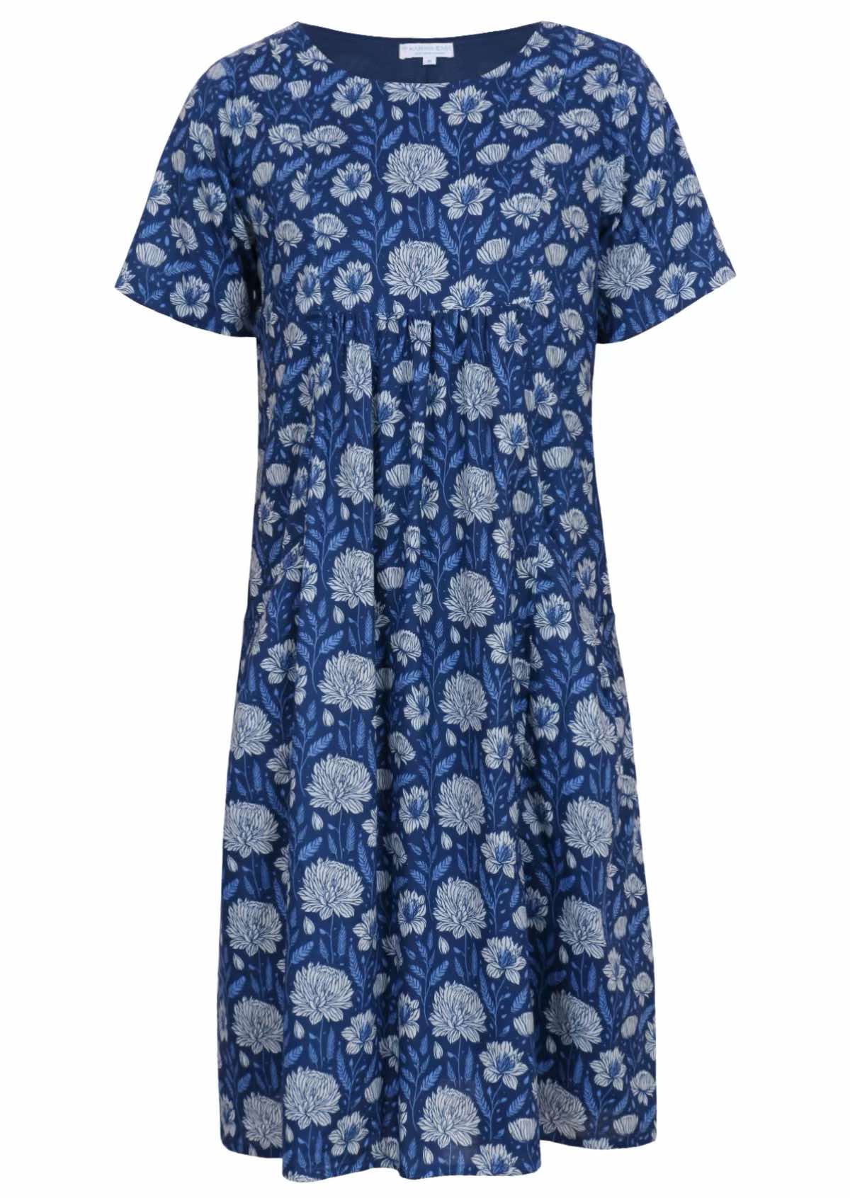 Front mannequin photo of cotton dress with light blue and white floral design