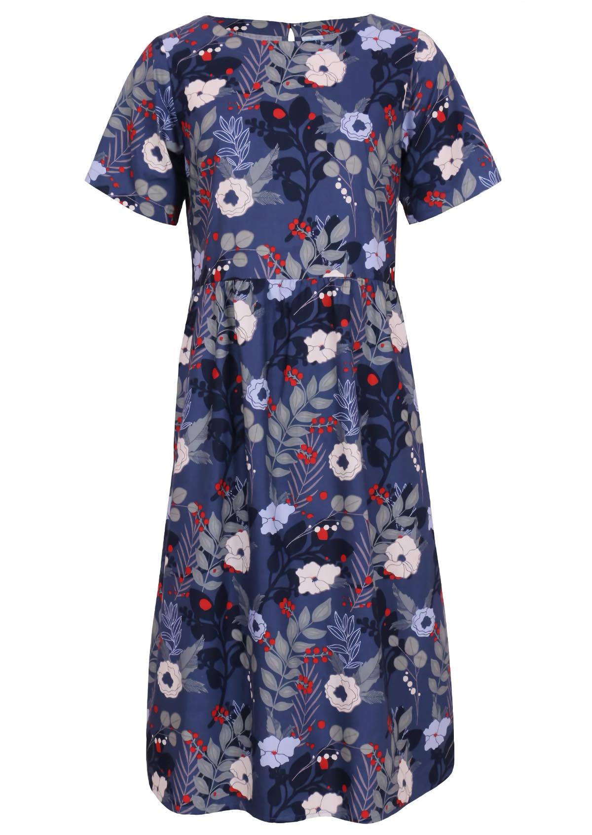 Front mannequin photo of cotton dress  with short sleeves, in blue, white and red floral print