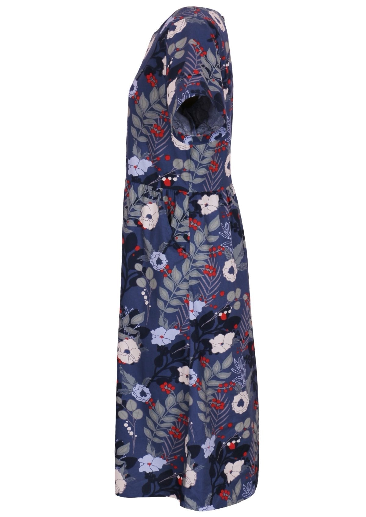 Side mannequin photo of cotton dress  with hidden side pockets, in blue, white and red floral print