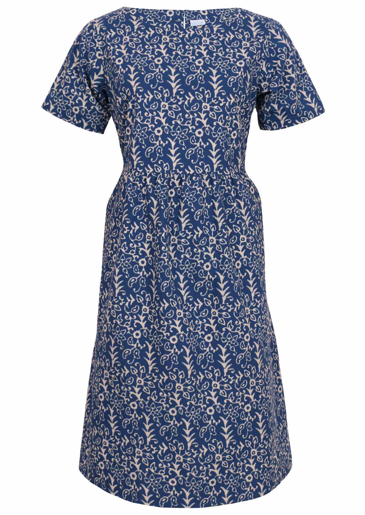 Front mannequin photo of cotton dress  with short sleeves, in blue with off white  floral print