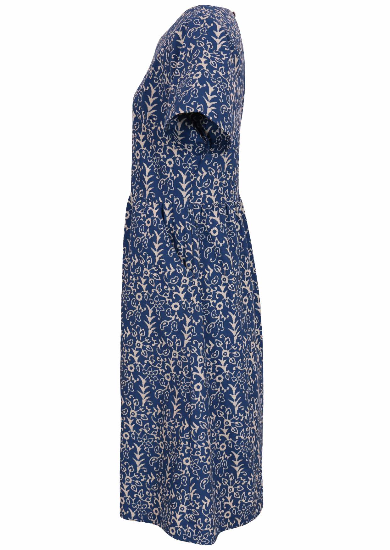 Side mannequin photo of cotton dress  with hidden side pockets with blue base and off white floral print