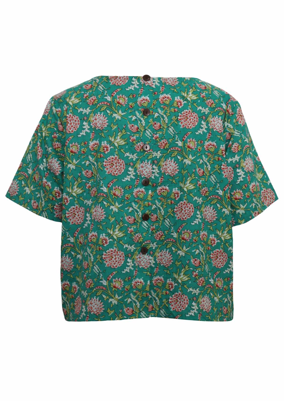 Back mannequin photo of cotton short sleeve relaxed fit top in floral print on jade green base, with non functional buttons at the back