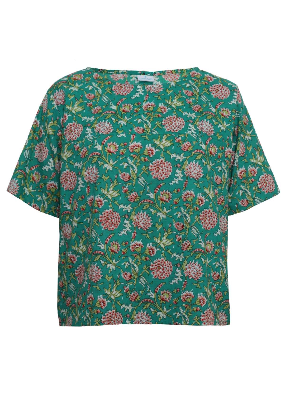 Front mannequin photo of cotton short sleeve relaxed fit top in floral print on jade green base
