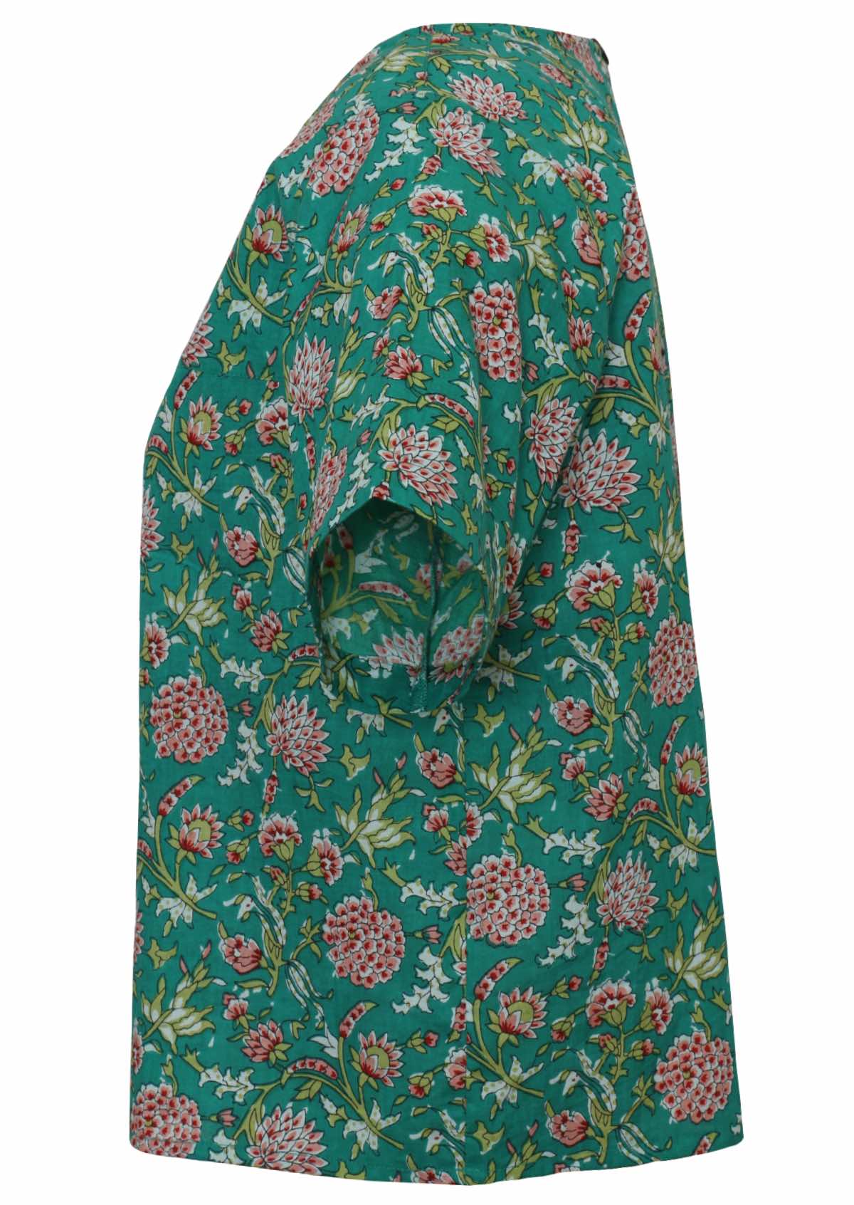 Side mannequin photo of cotton short sleeve relaxed fit top in floral print on jade green base