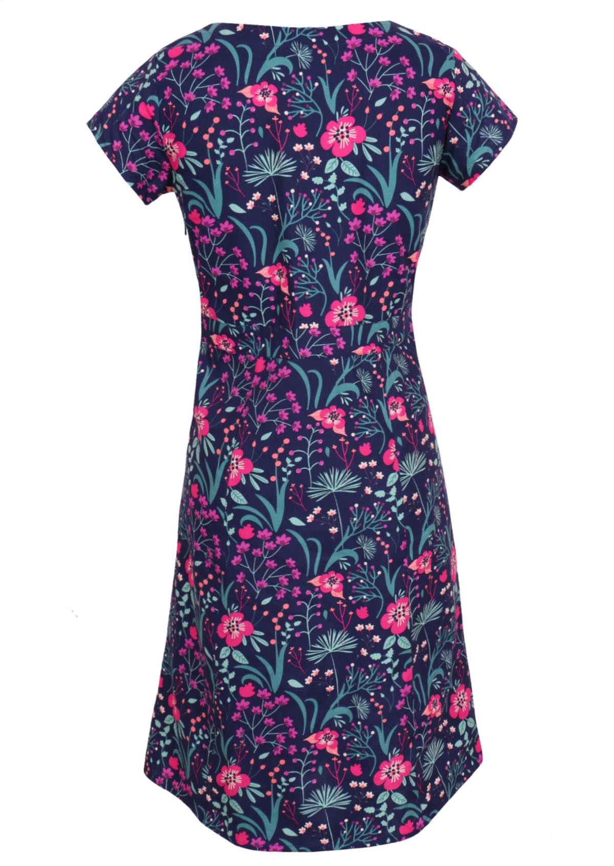navy and purple floral cotton knee length dress with round neckline empire waist back view