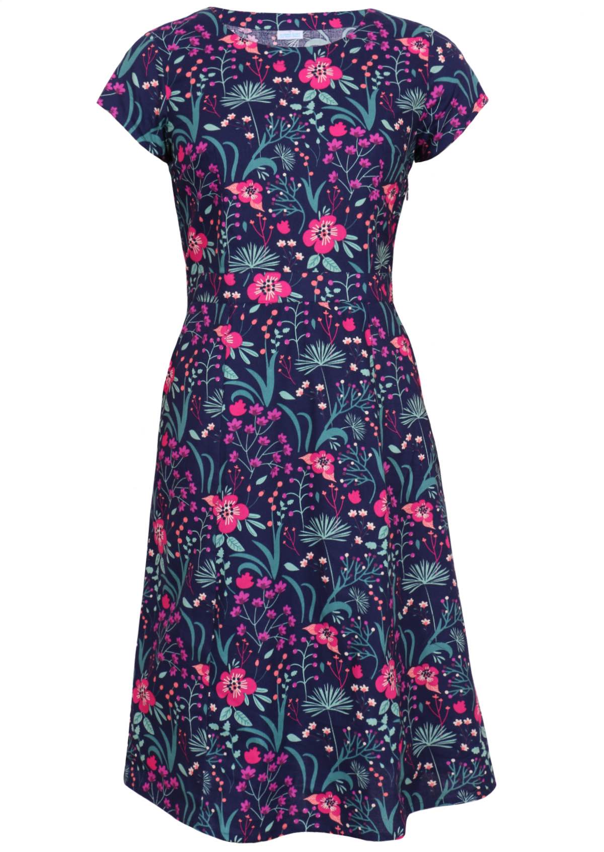 navy and purple floral cotton knee length dress with round neckline empire waist front view