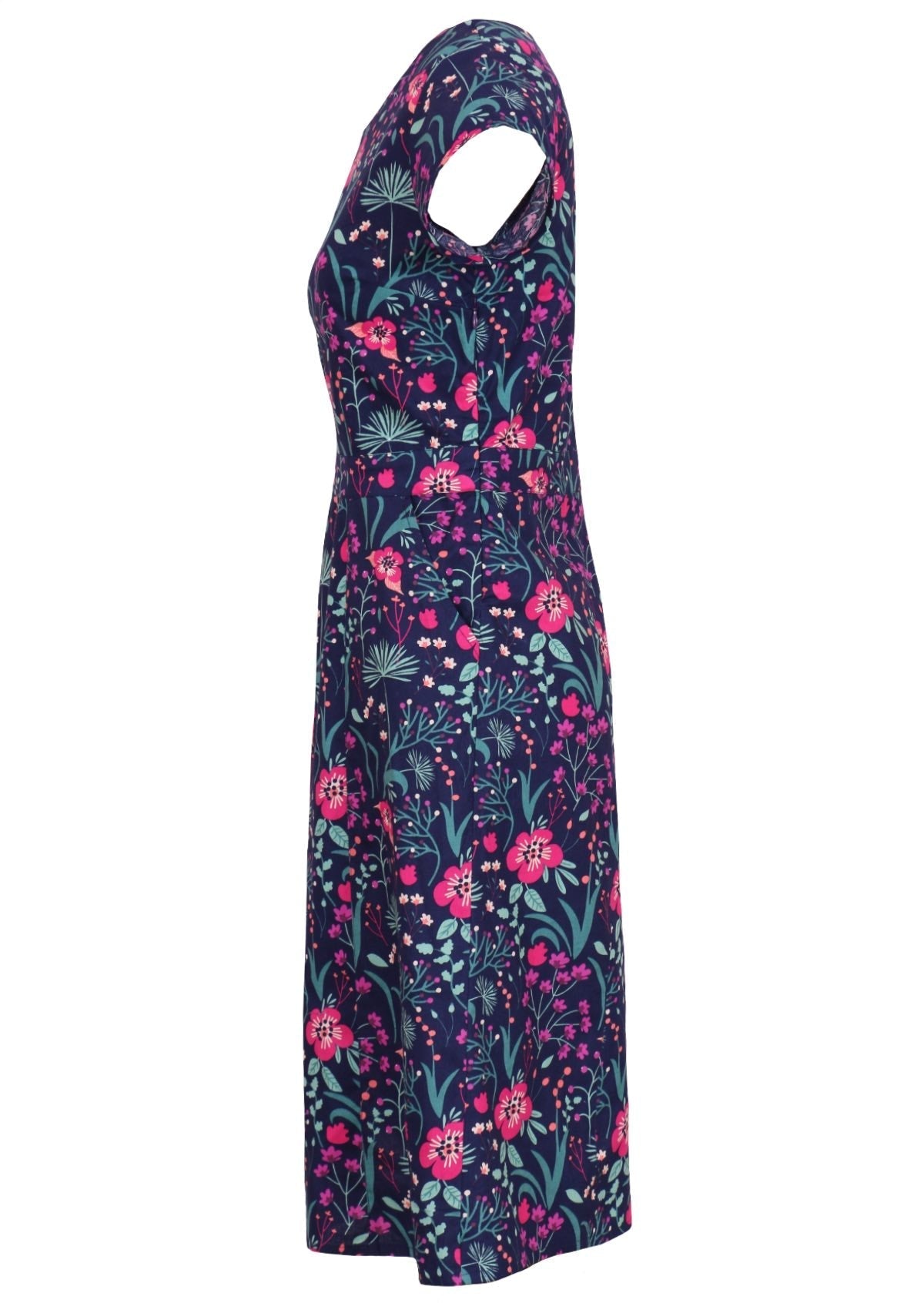 navy and purple floral cotton knee length dress with round neckline empire waist side view