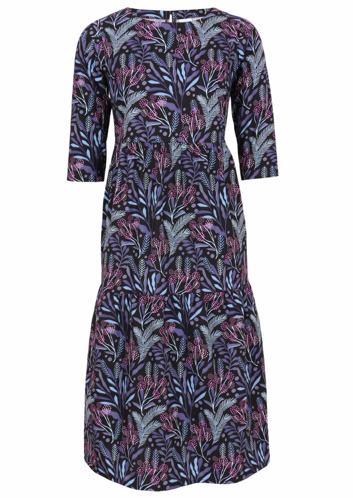 Cotton tiered dress in blues and pinks botanical print on black base