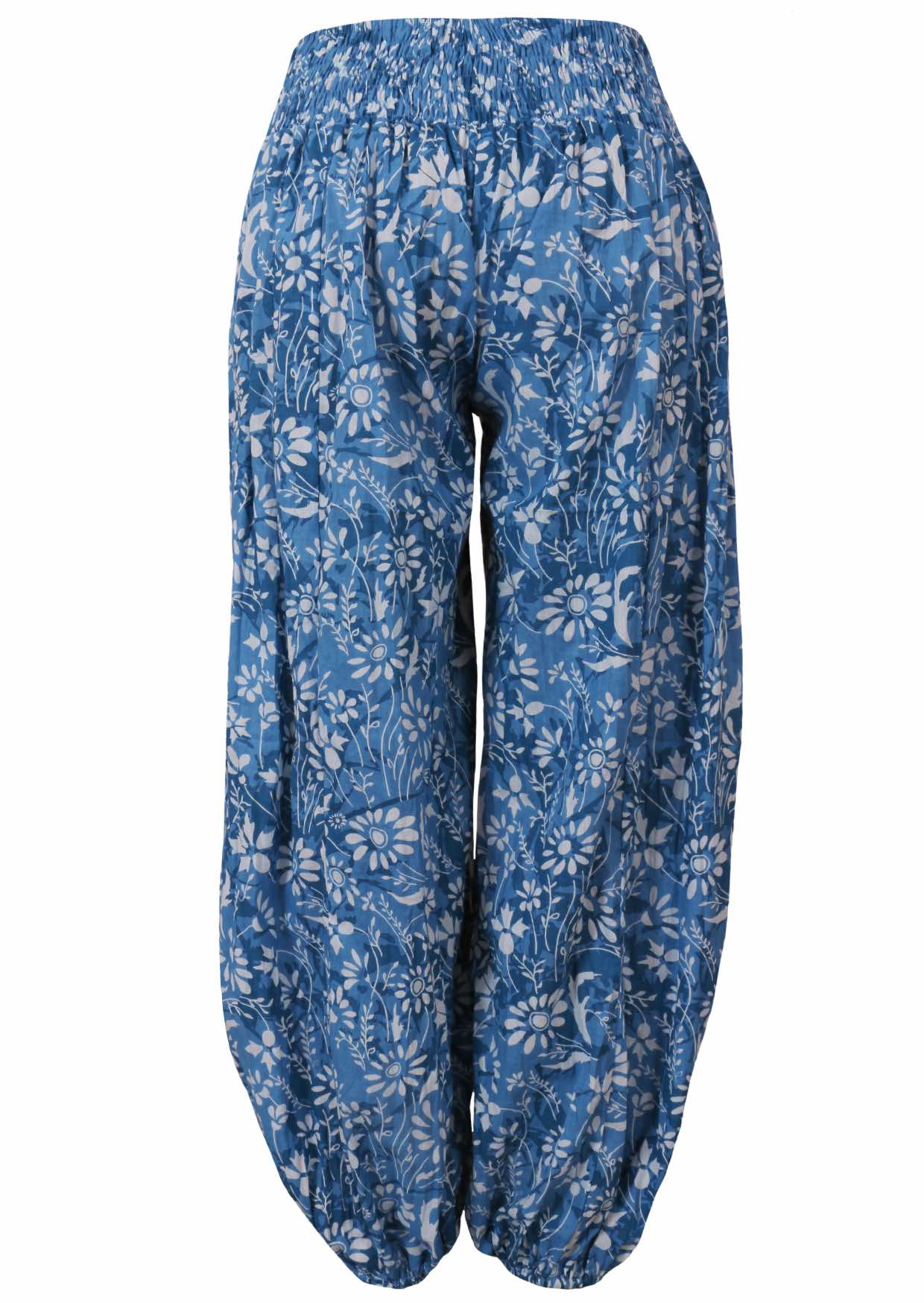 Pilot pants side in blue floral Drift print 100% cotton with a wide elasticated waistband, pockets, and elastic around the ankles