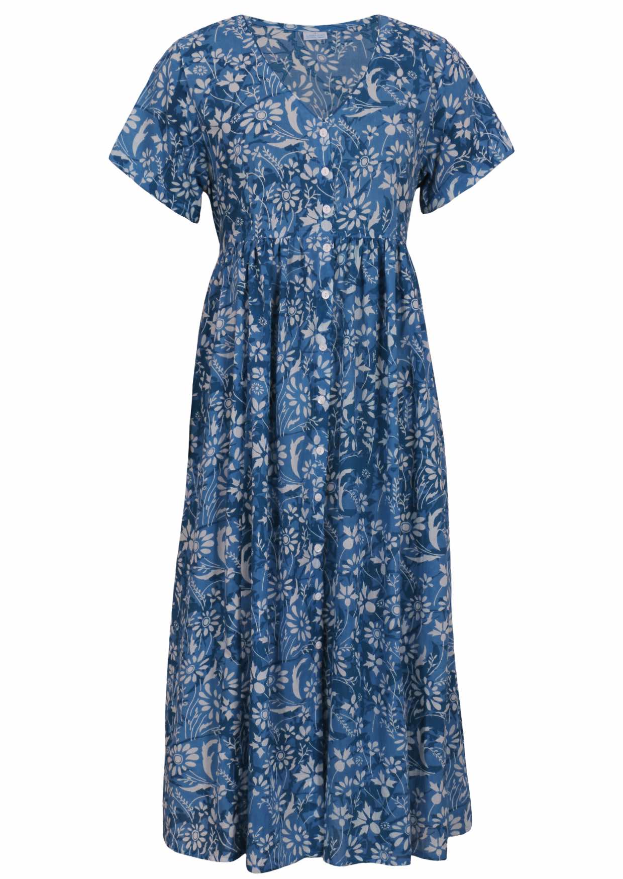 blue cotton floral v neck maxi dress