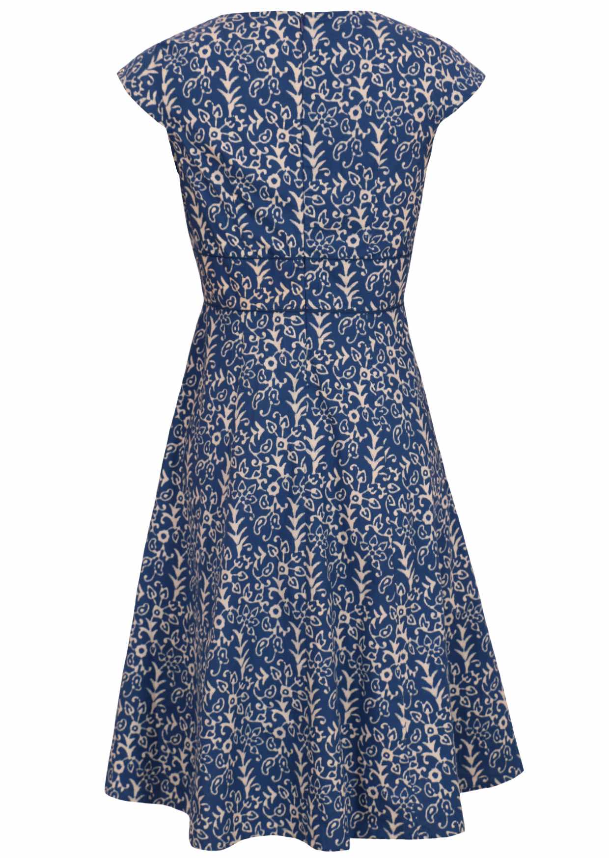 Blue 100 percent cotton scoop neck retro dress with pockets back mannequin view