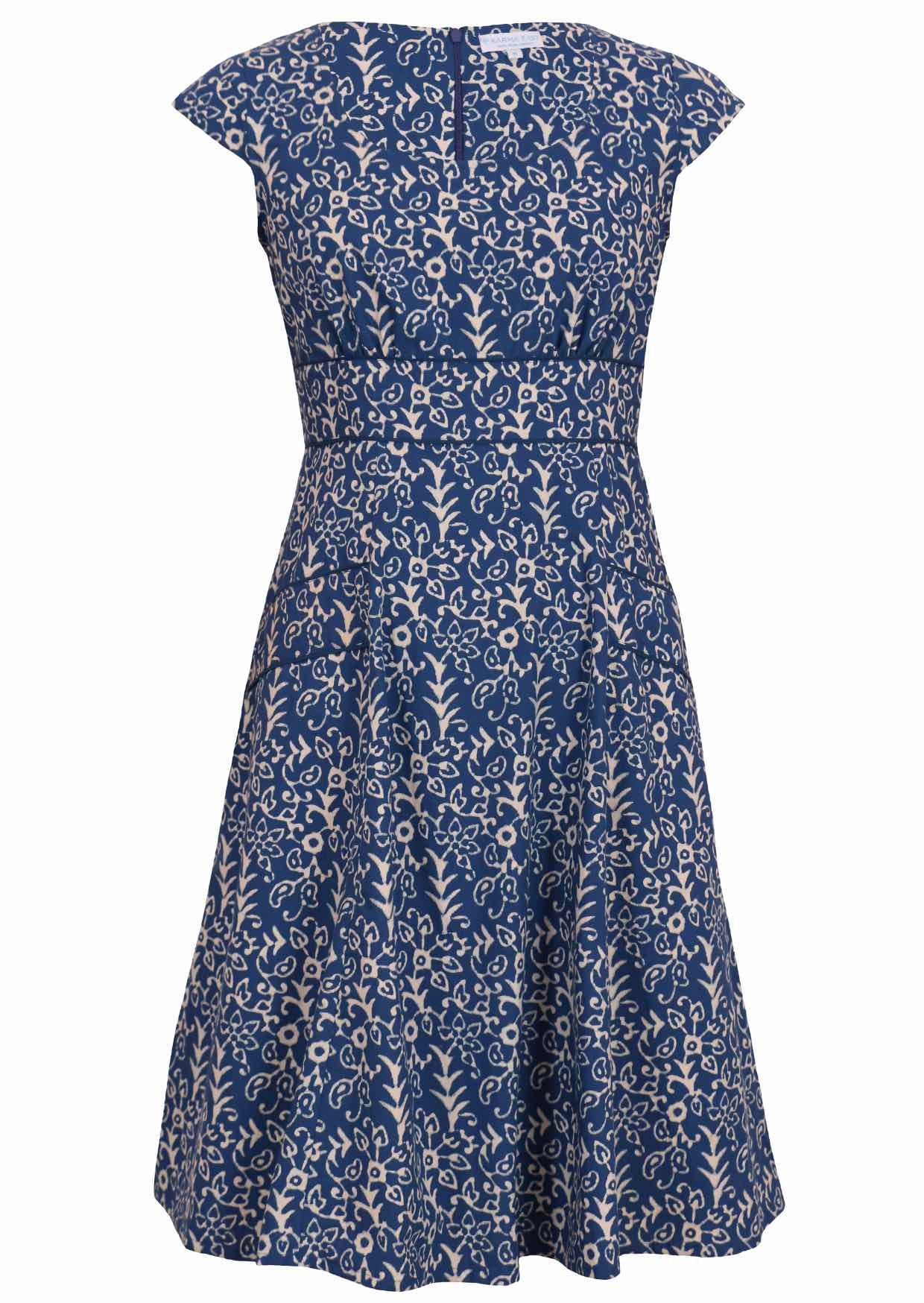 Blue 100 percent cotton scoop neck retro dress with pockets front mannequin view